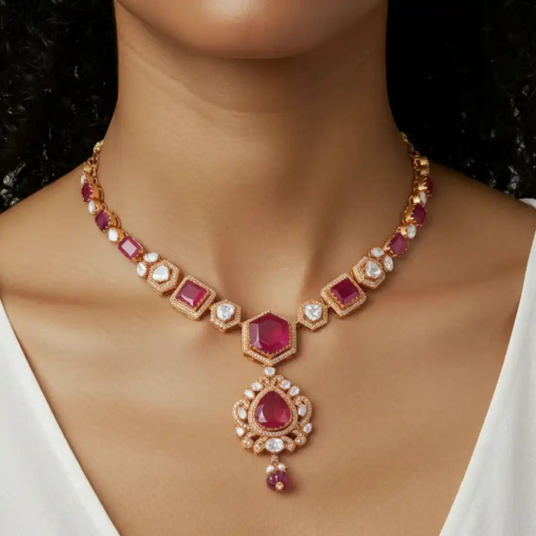 Luxury ruby and diamond necklace with intricate gold detailing, perfect for elegant occasions