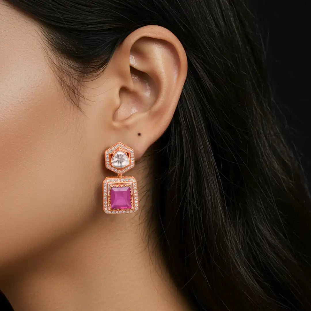 Rose gold earrings with pink gemstone & diamond accents, elegant statement jewelry for women