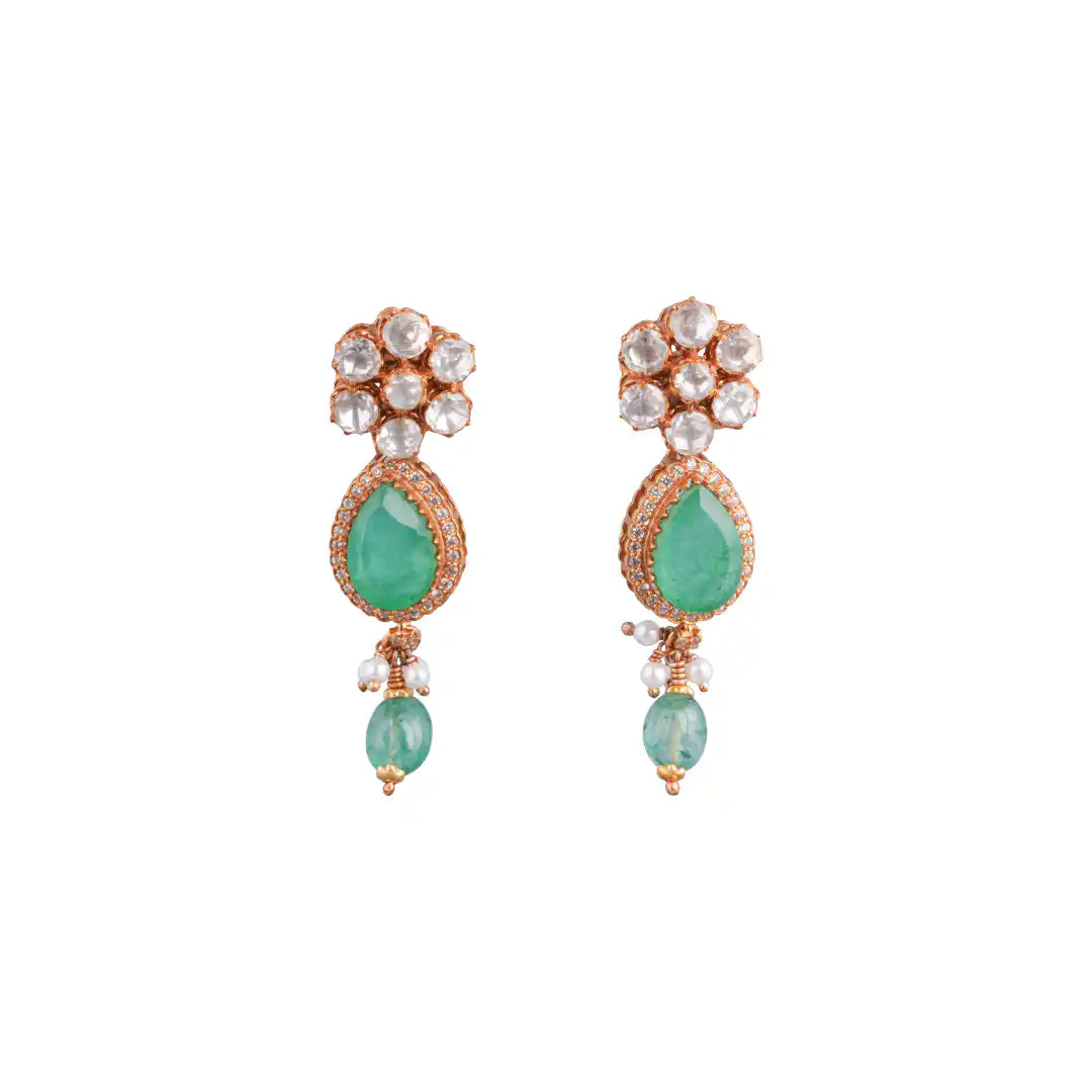 Elegant emerald and pearl drop earrings with rose gold floral design