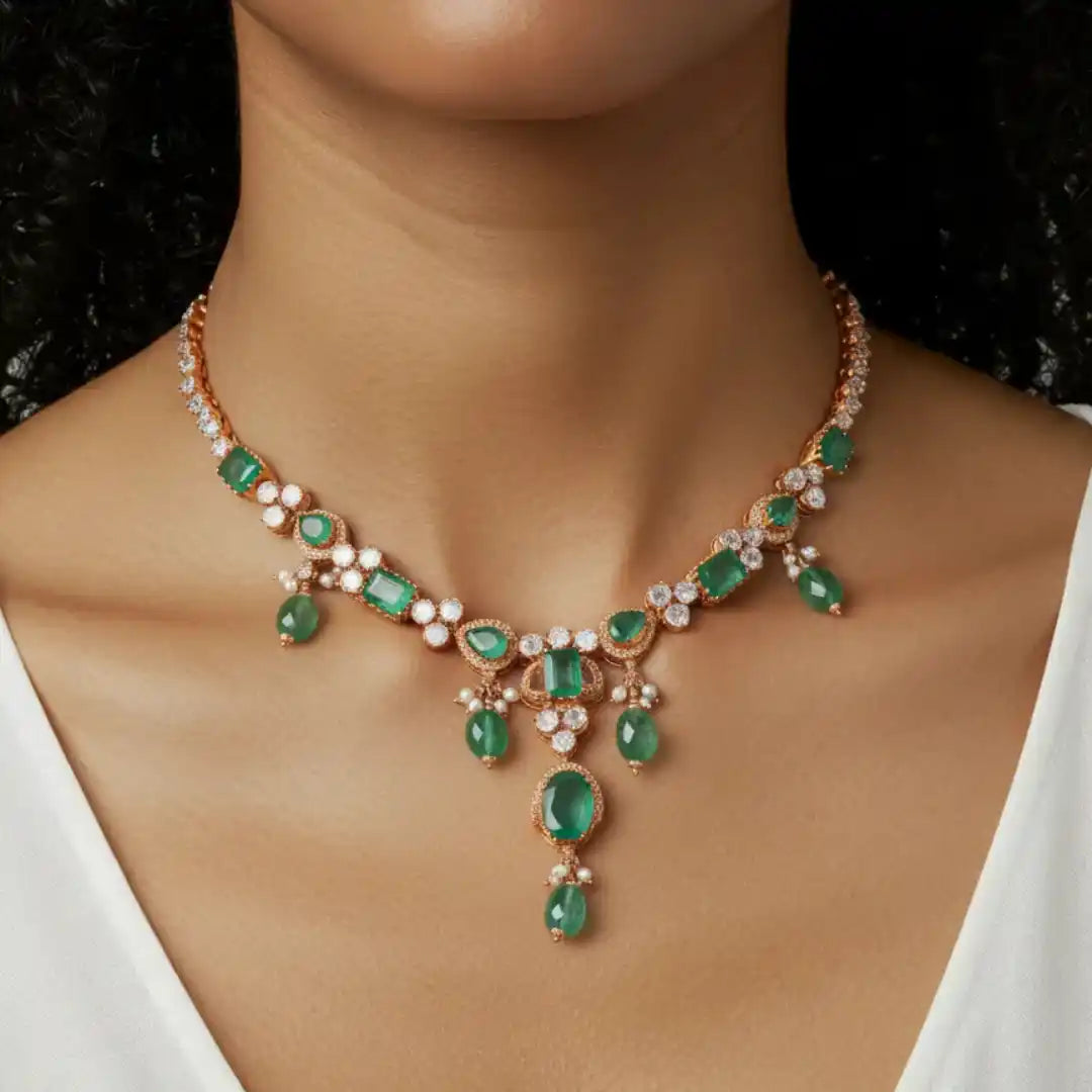 Gajaah 925 Sterling Silver Emerald Necklace & Earrings Set – Pure Silver Bridal & Festive Jewellery for Women Gajaah