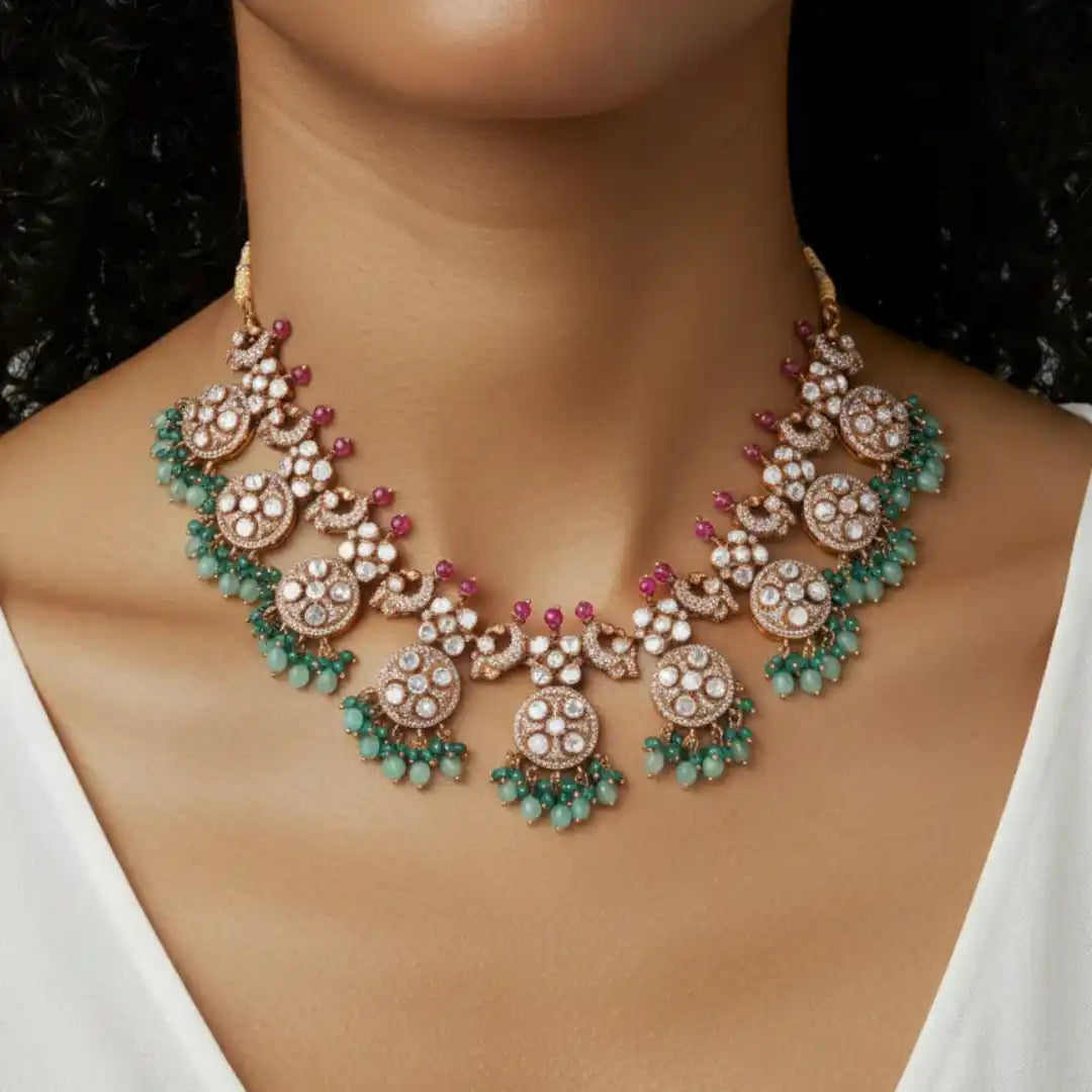 Gajaah 925 Sterling Silver Multicolor Stone Necklace & Earrings Set – Pure Silver Bridal & Festive Jewellery for Women Gajaah