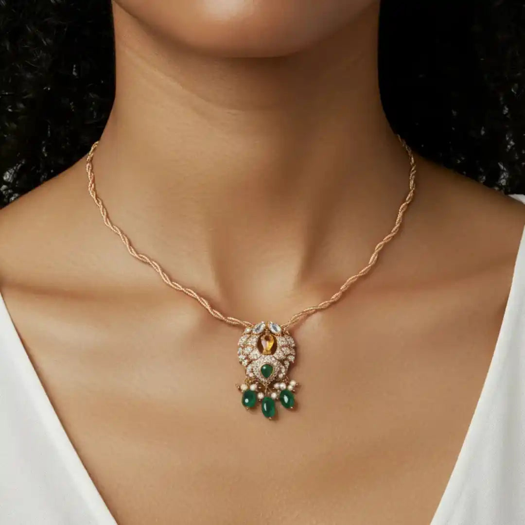 Gajaah 925 Sterling Silver Emerald Pendant – Pure Silver Green Stone & Crystal Halo Pendant for Women Gajaah