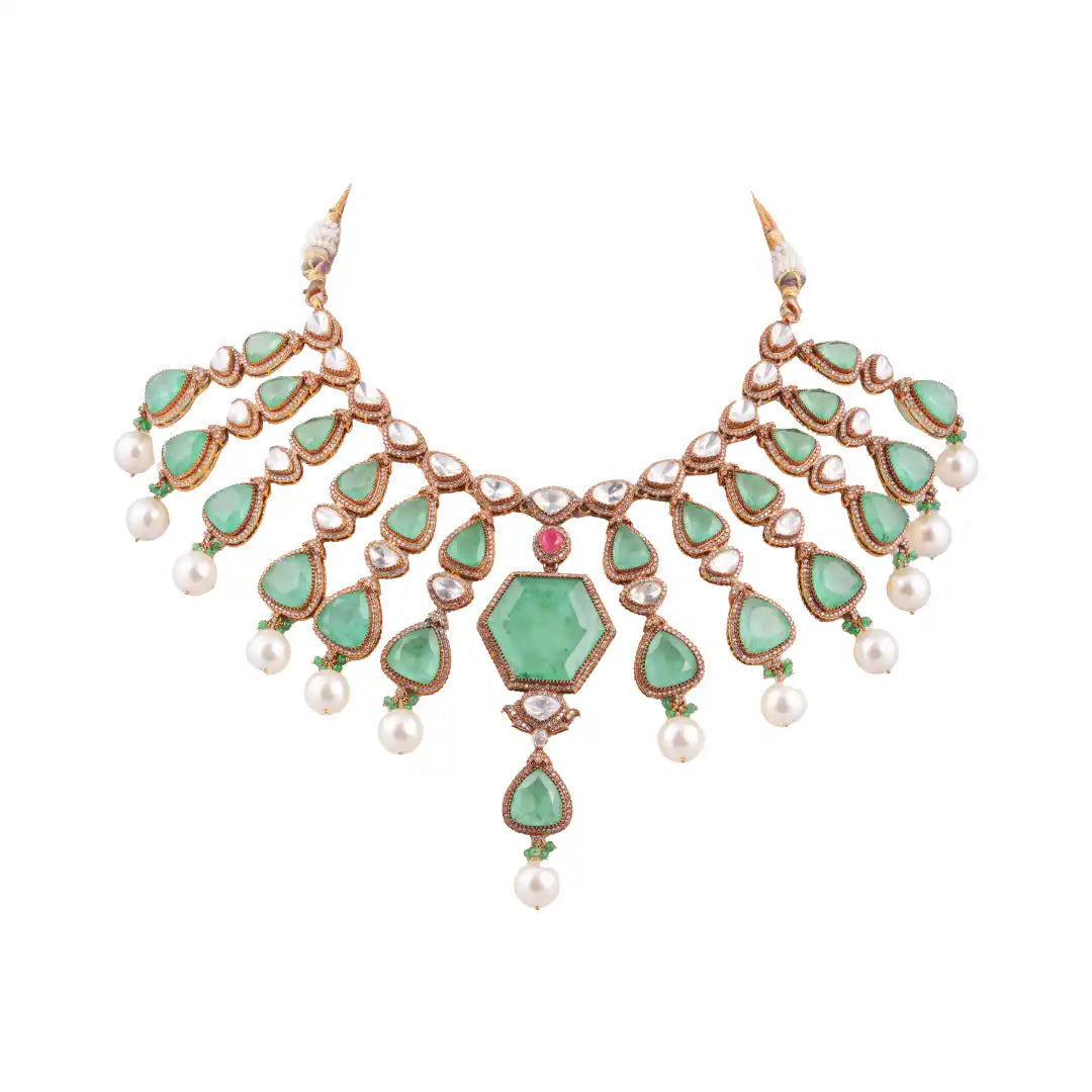Gajaah 925 Sterling Silver Emerald Necklace & Earrings Set – Pure Silver Bridal, Festive & Partywear Jewellery for Women Gajaah