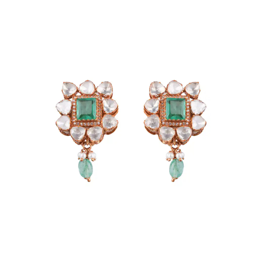 Emerald and pearl drop earrings with rose gold floral design, elegant silver jewelry
