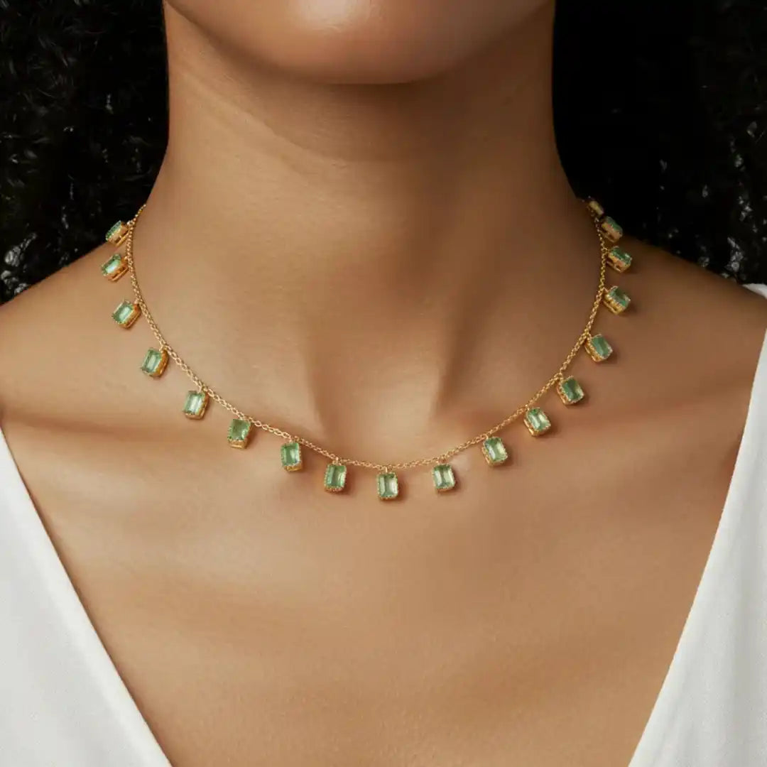 Gajaah 925 Silver Green Emerald-Cut Stone Necklace | Minimal Elegant Partywear Jewellery for Women Gajaah