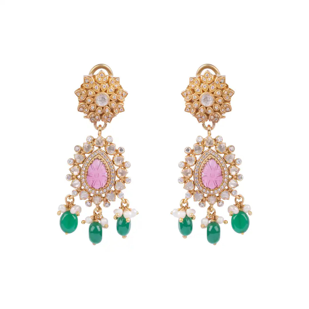 Gold floral earrings with pink stone, green beads & white pearls, traditional Indian jewelry design