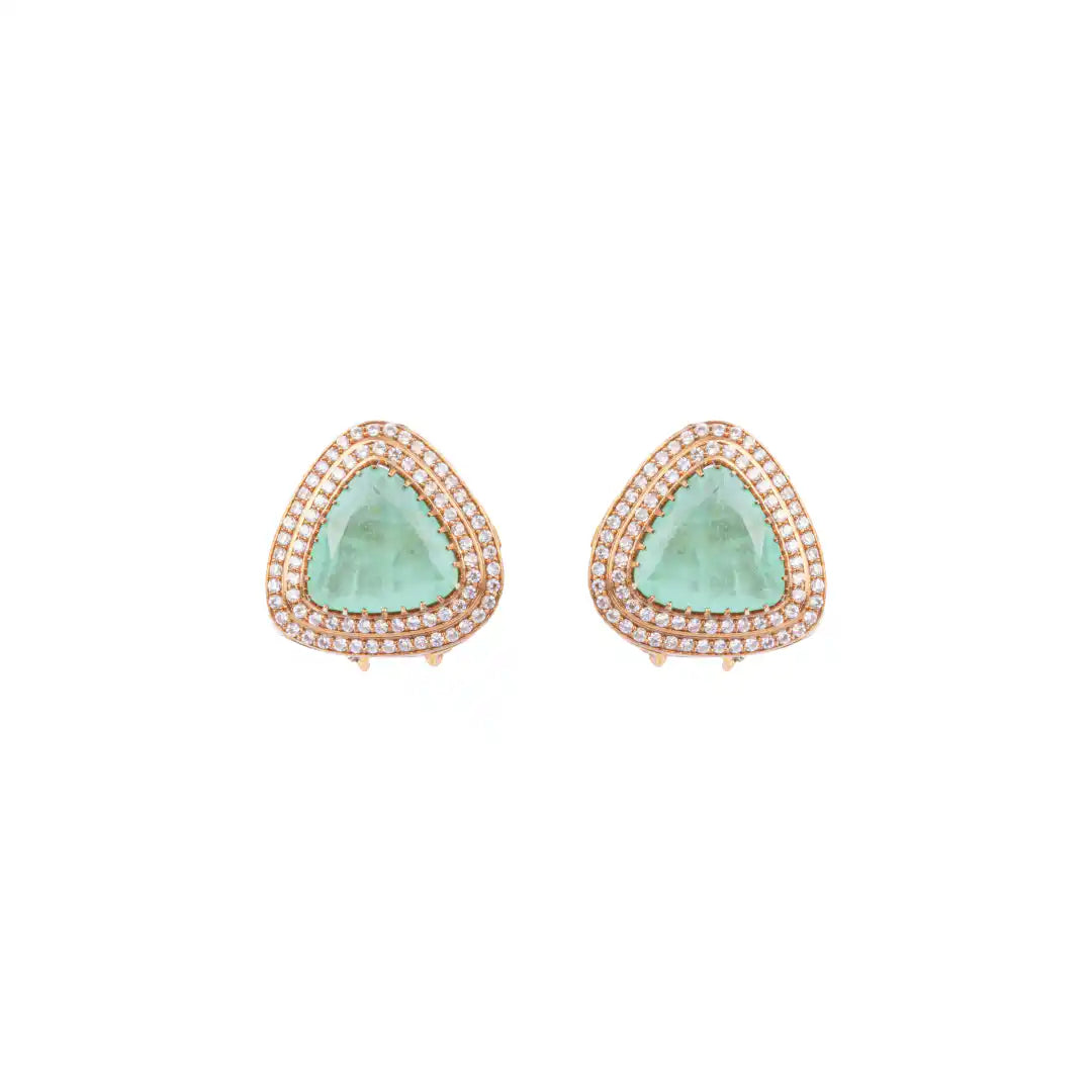 Triangular emerald stud earrings with diamond halo in rose gold setting