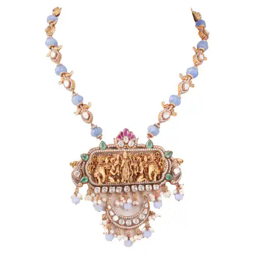 Elegant silver necklace with Ganesha-inspired design, embedded gemstones and intricate detailing