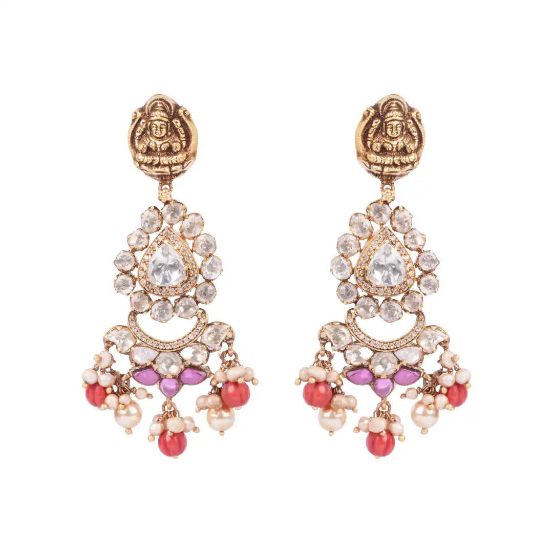 Elegant gold-plated earrings with Ganesha motif, pearl & gemstone drops, perfect for festive occasions