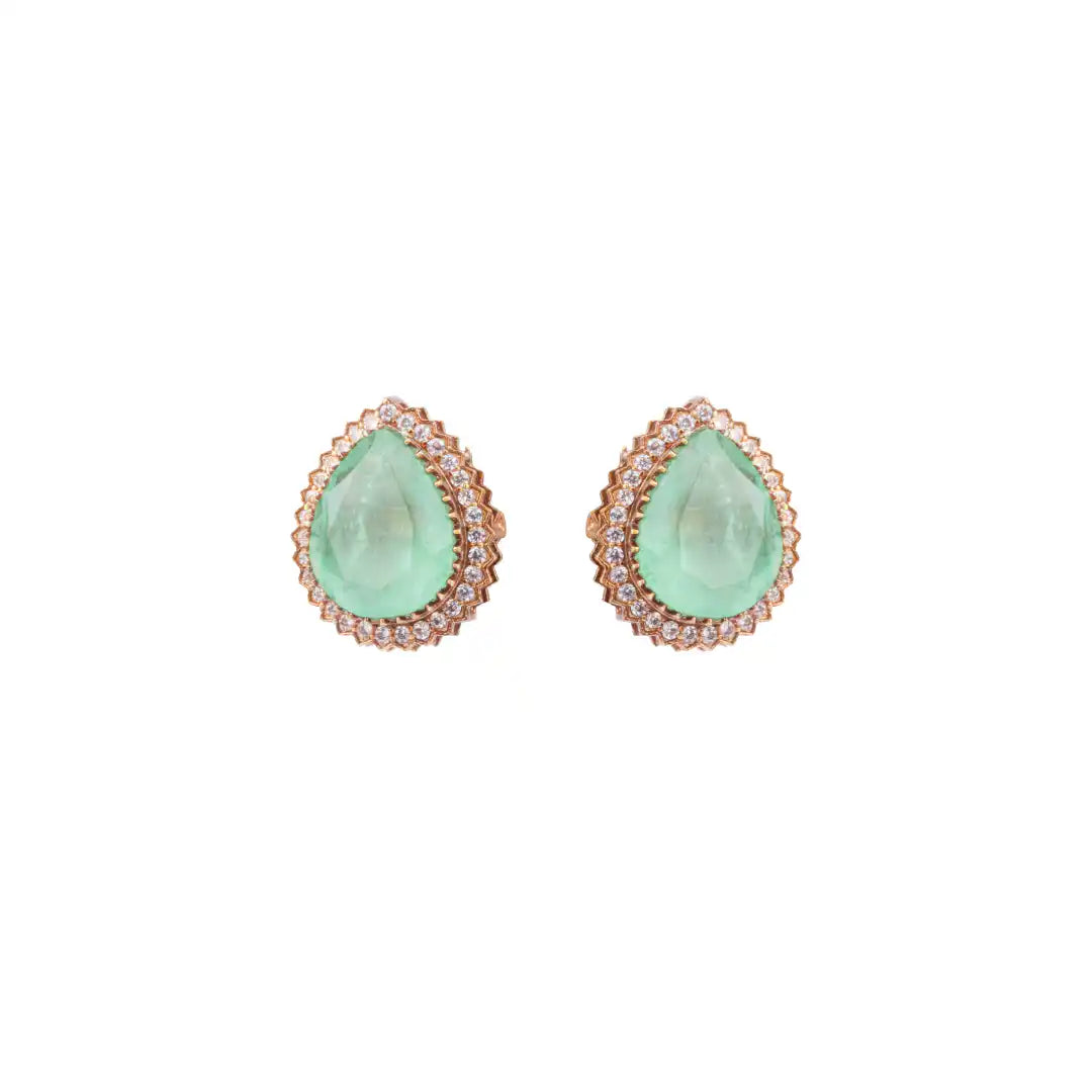 Pear-shaped green gemstone earrings with rose gold and diamond halo, elegant silver jewelry