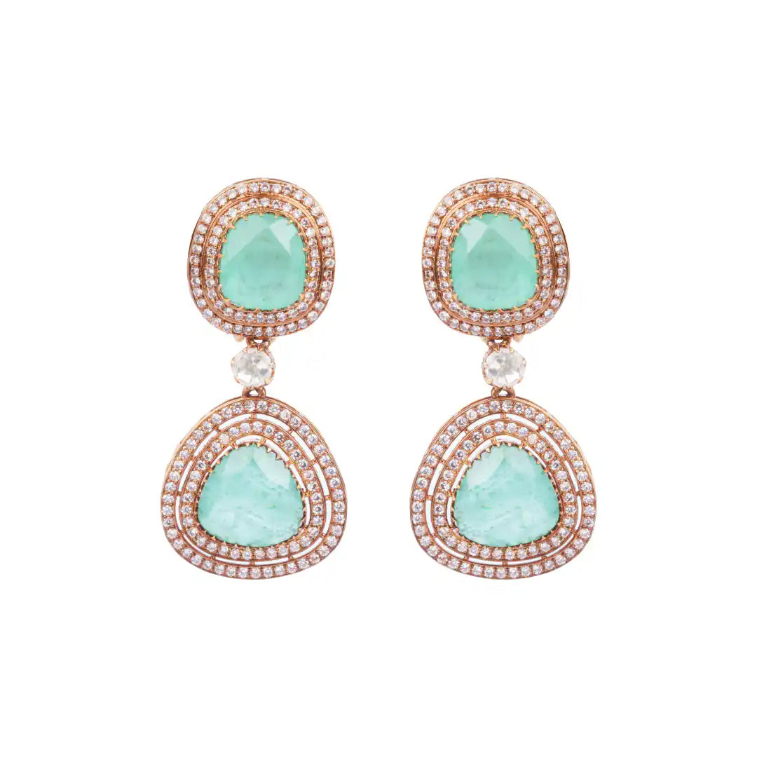 Elegant rose gold earrings with green gemstones and diamond accents, perfect for luxury fashion