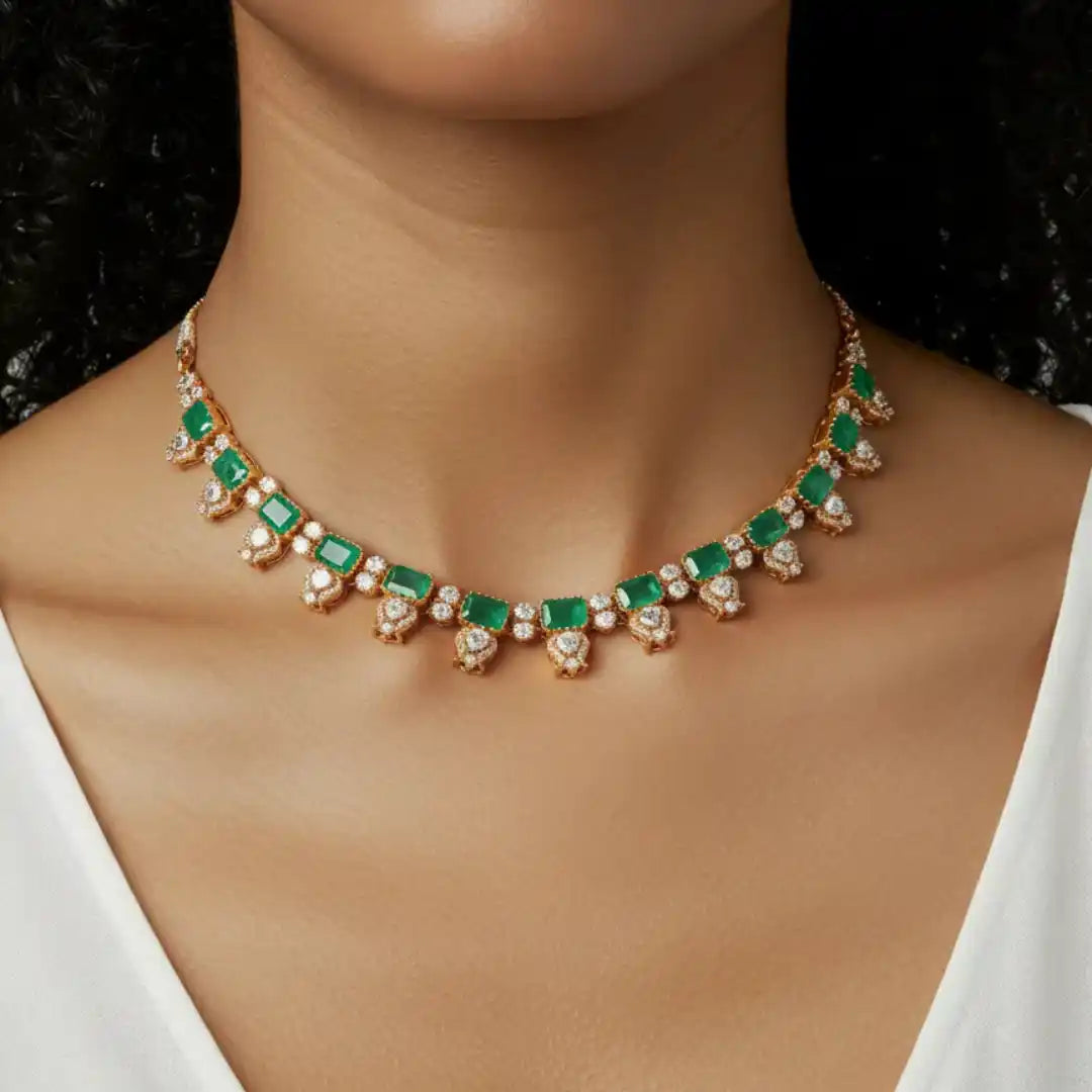 Gajaah 925 Silver Green Stone Necklace | Gold-Plated CZ Choker | Festive & Bridal Ethnic Jewellery for Women Gajaah