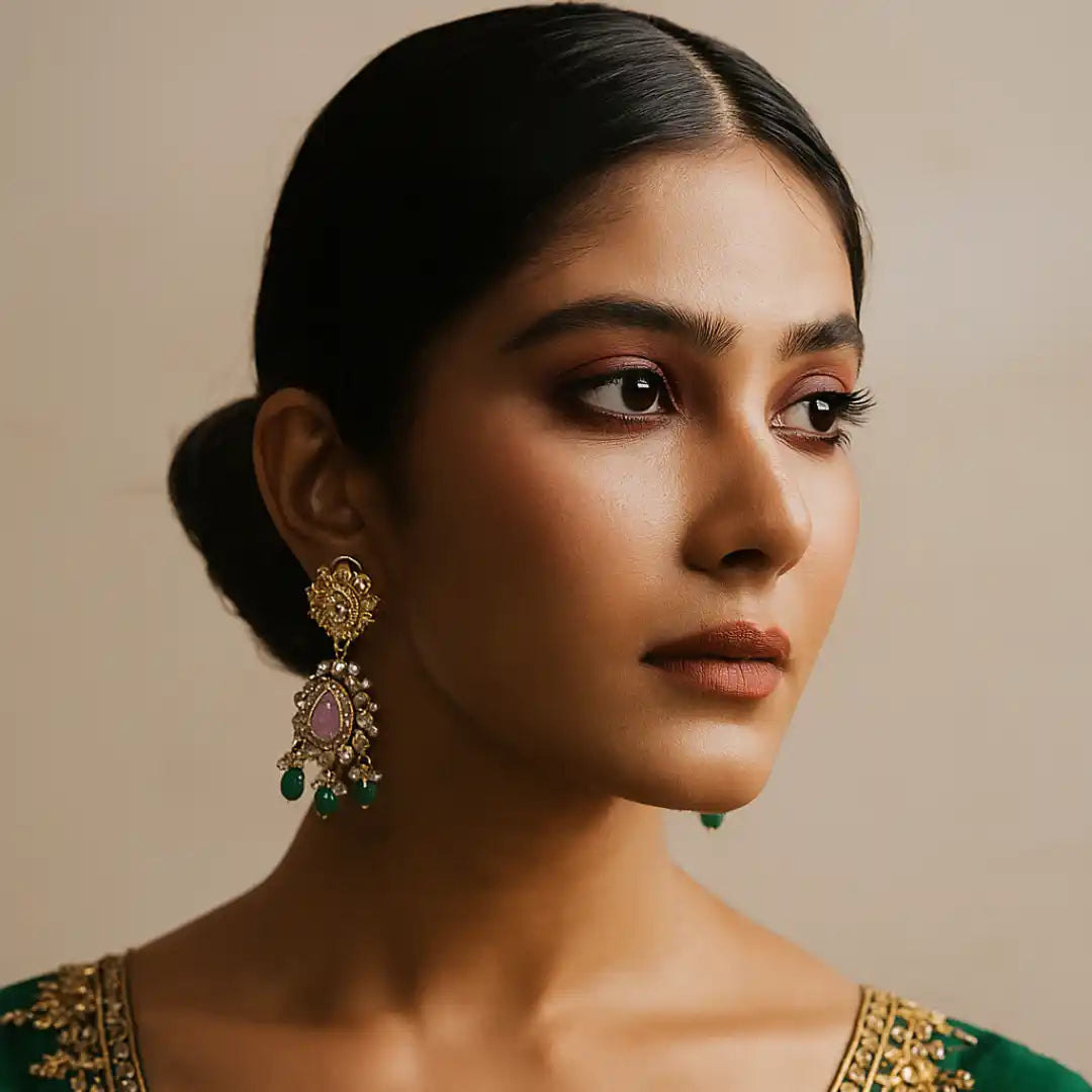 Elegant traditional earrings with pink gem and green beads, worn with green embroidered attire