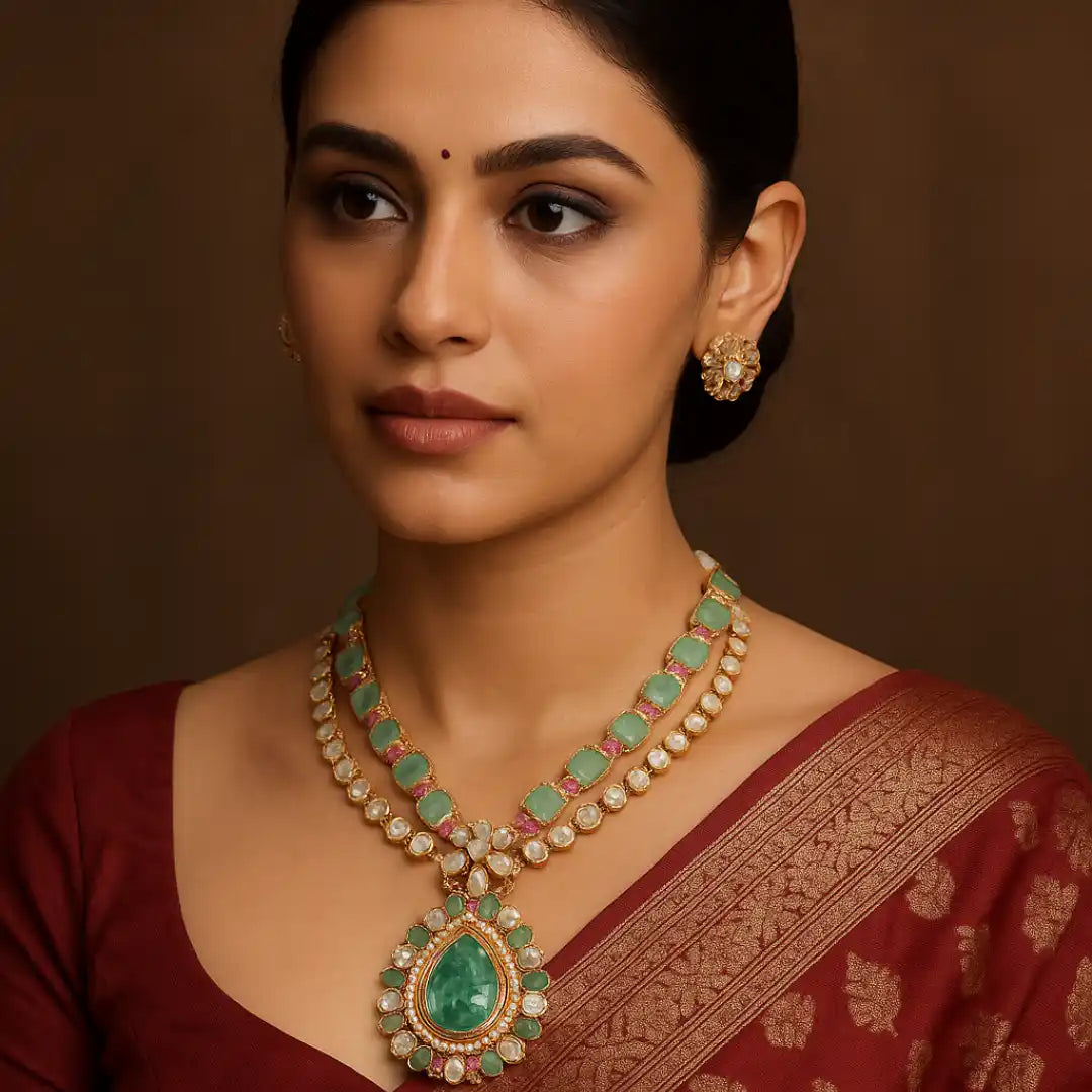 Elegant woman in maroon saree wearing green gemstone necklace and floral earrings, traditional Indian jewelry