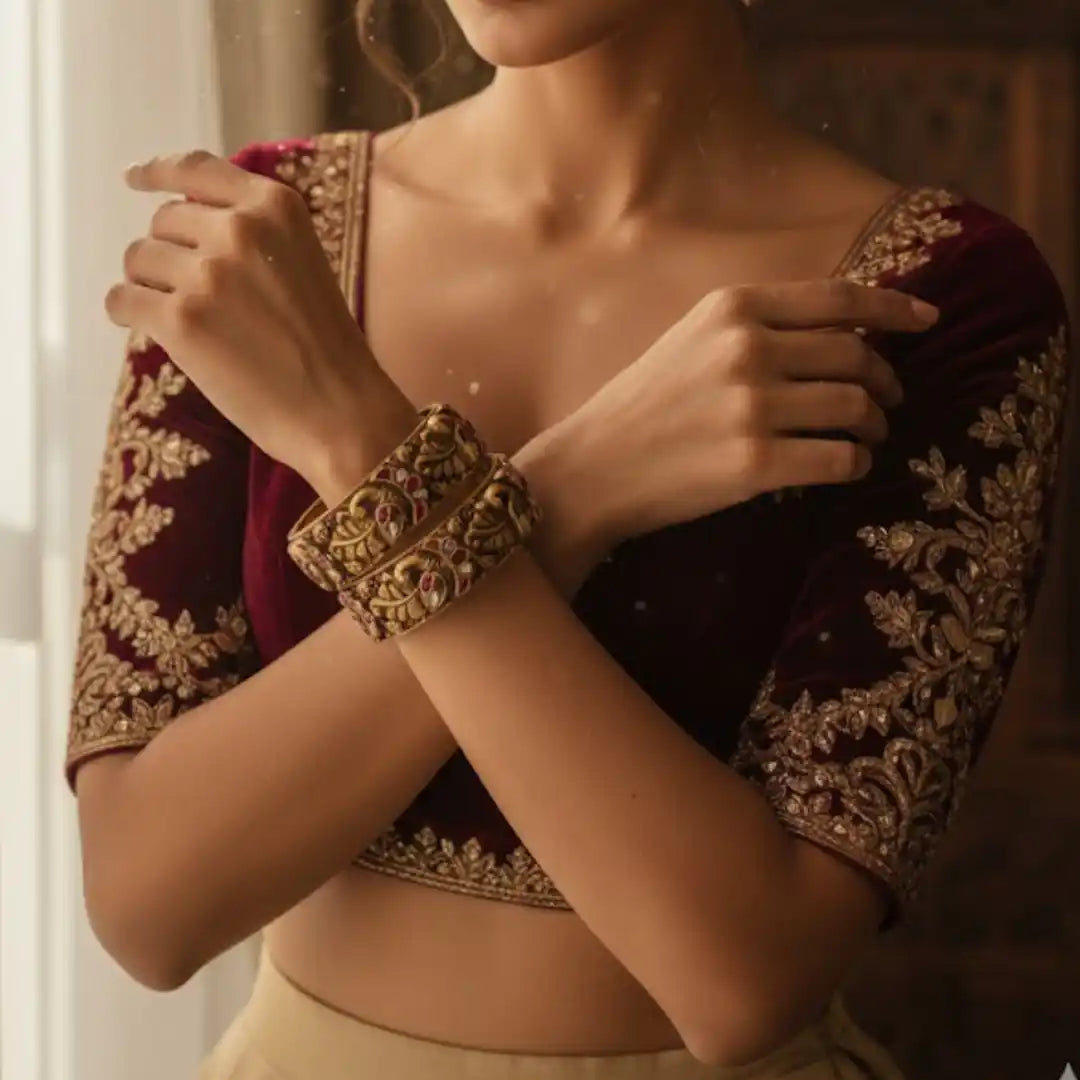 Elegant woman in maroon velvet blouse with gold embroidery wearing ornate silver bangles