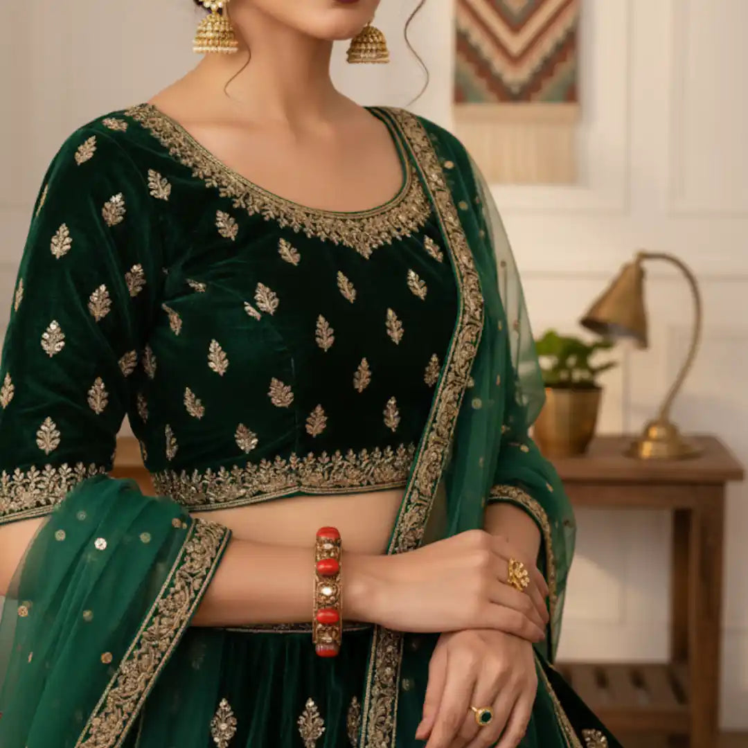 Emerald green velvet lehenga with gold embroidery, paired with traditional Indian jewelry and bangles