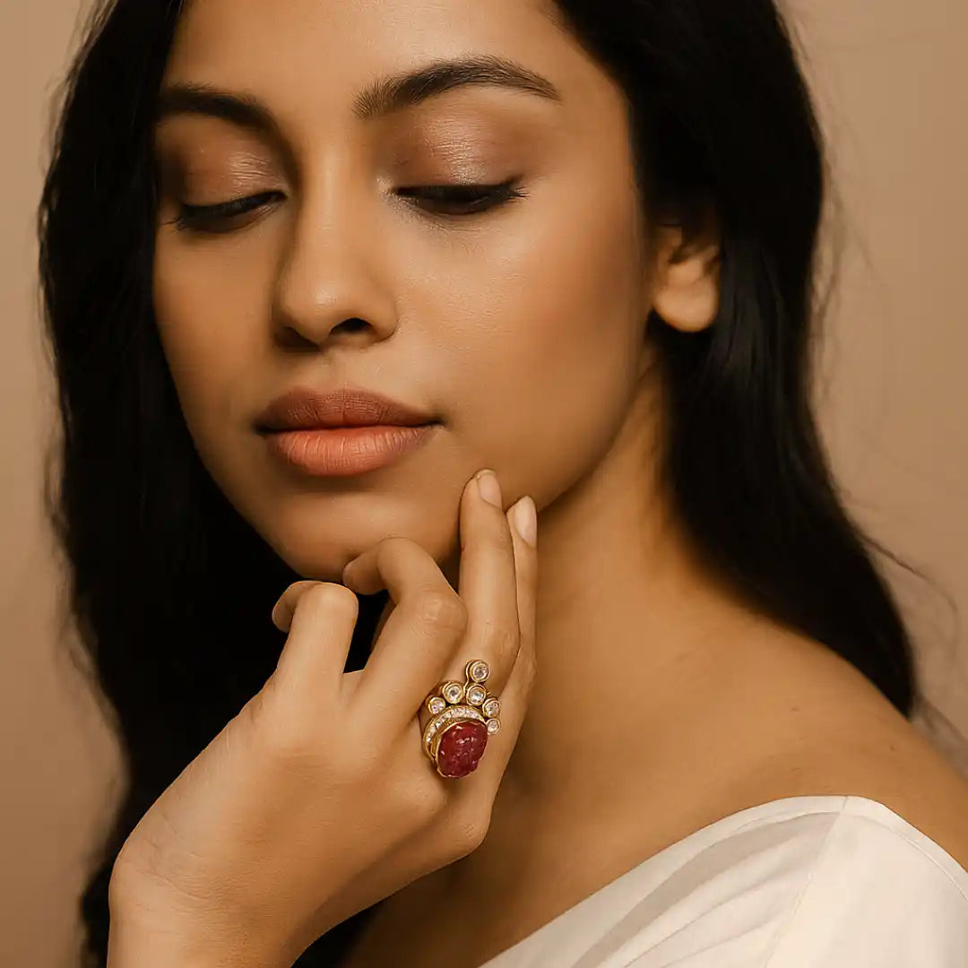 Elegant woman wearing ornate ring with red gemstone and diamond accents, showcasing fine jewelry design