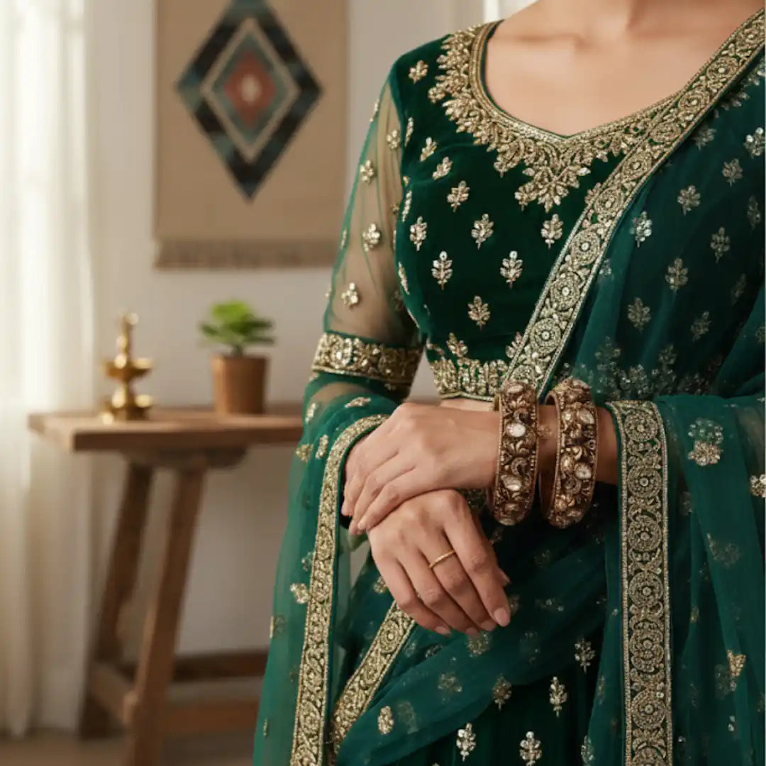 Emerald green velvet saree with gold embroidery and traditional silver bangles