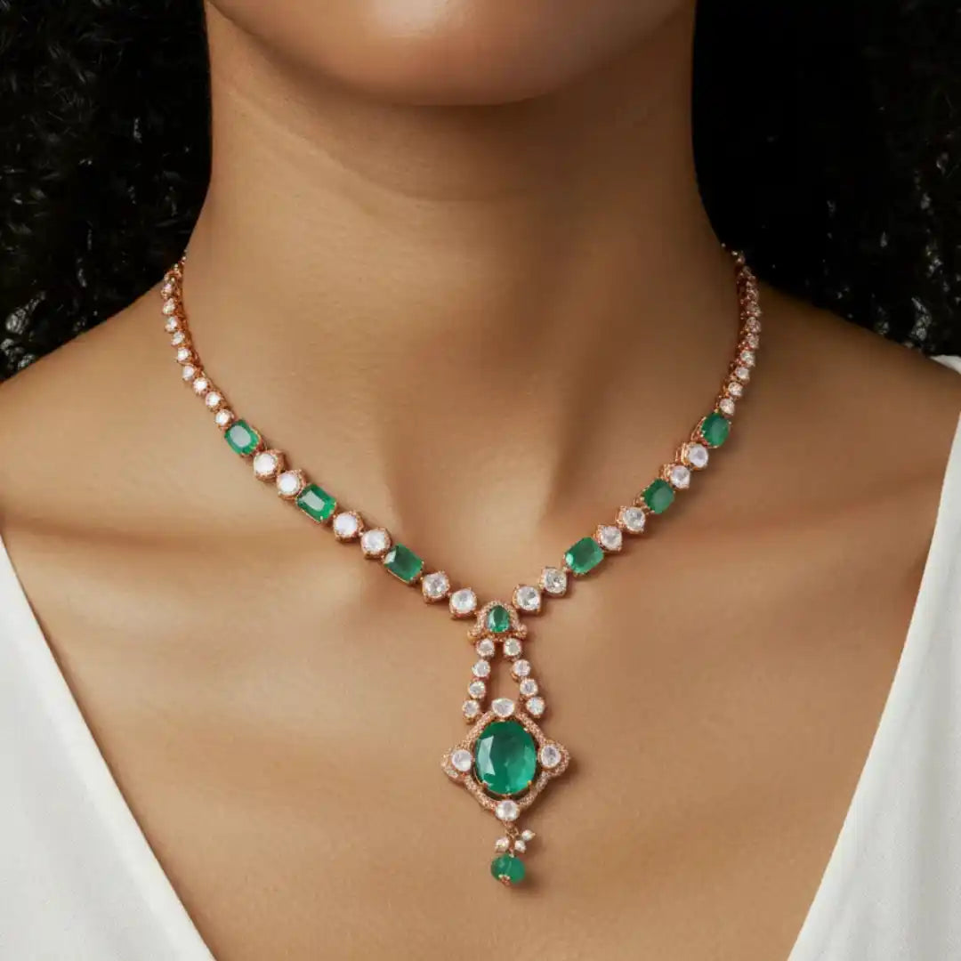 Elegant emerald and diamond necklace with rose gold setting, perfect for luxury occasions.