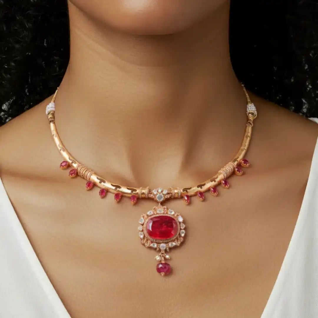 Elegant gold necklace with ruby pendant and diamond accents, worn by woman