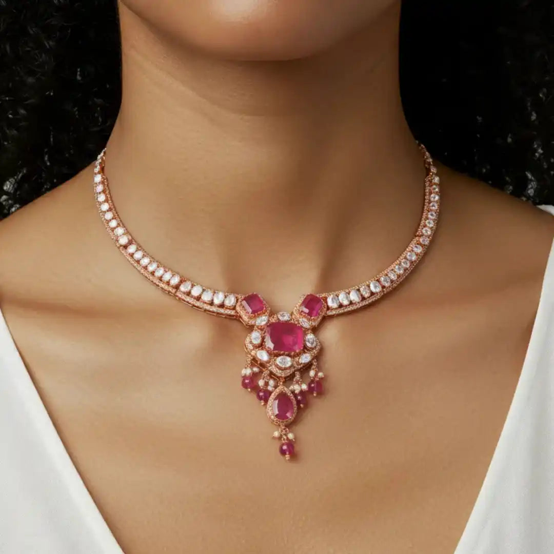 Elegant rose gold necklace with ruby and diamond accents, perfect for luxury occasions