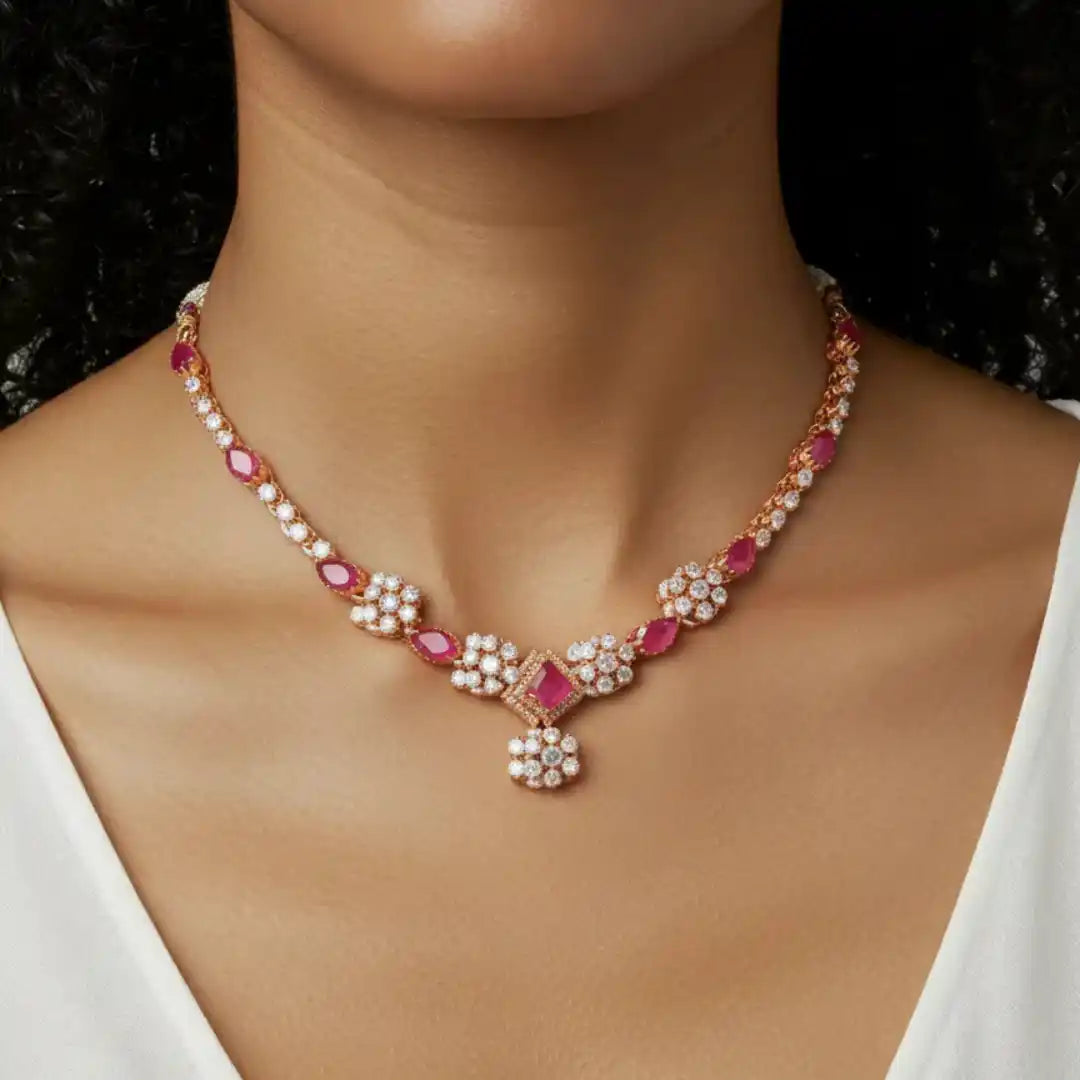 Elegant ruby and diamond necklace with floral motifs, perfect for luxury occasions