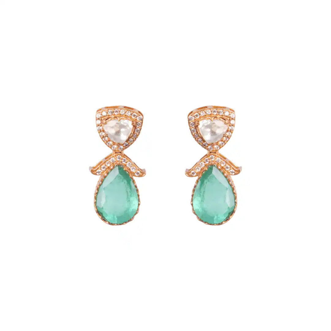Elegant rose gold earrings with pear-cut green gemstones and diamond accents, perfect for women's fine jewelry collection.