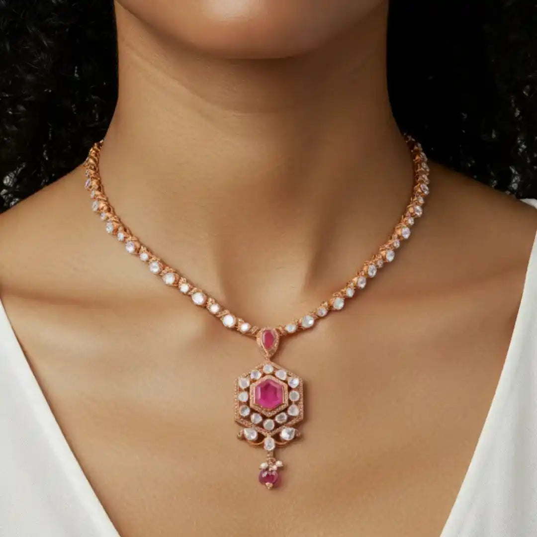 Elegant rose gold necklace with pink gemstone and diamond accents, perfect for luxury jewelry lovers.