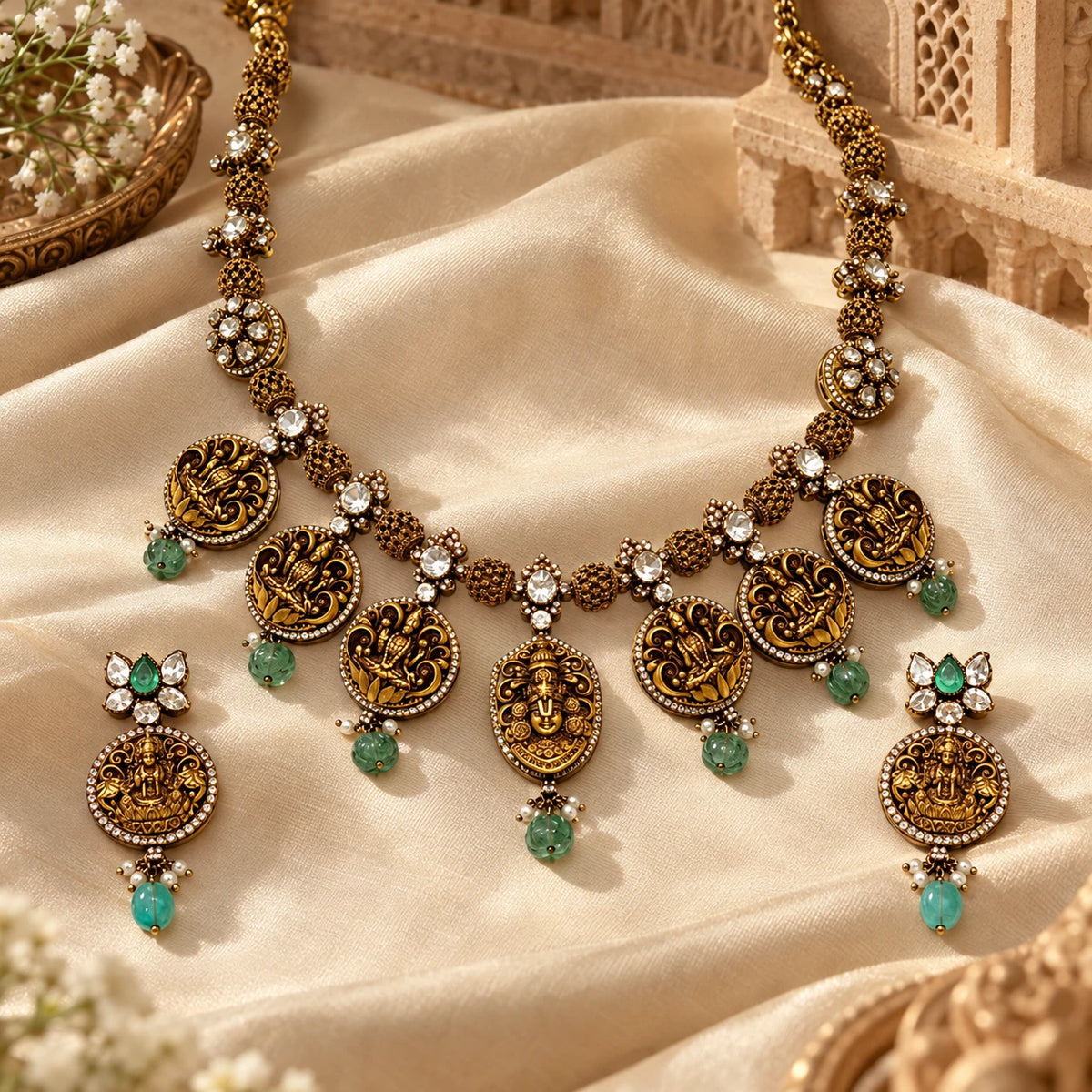 Gajaah 925 silver Kundan necklace with ruby enamel and jhumki pendant, antique gold finish, traditional festive jewelry.
