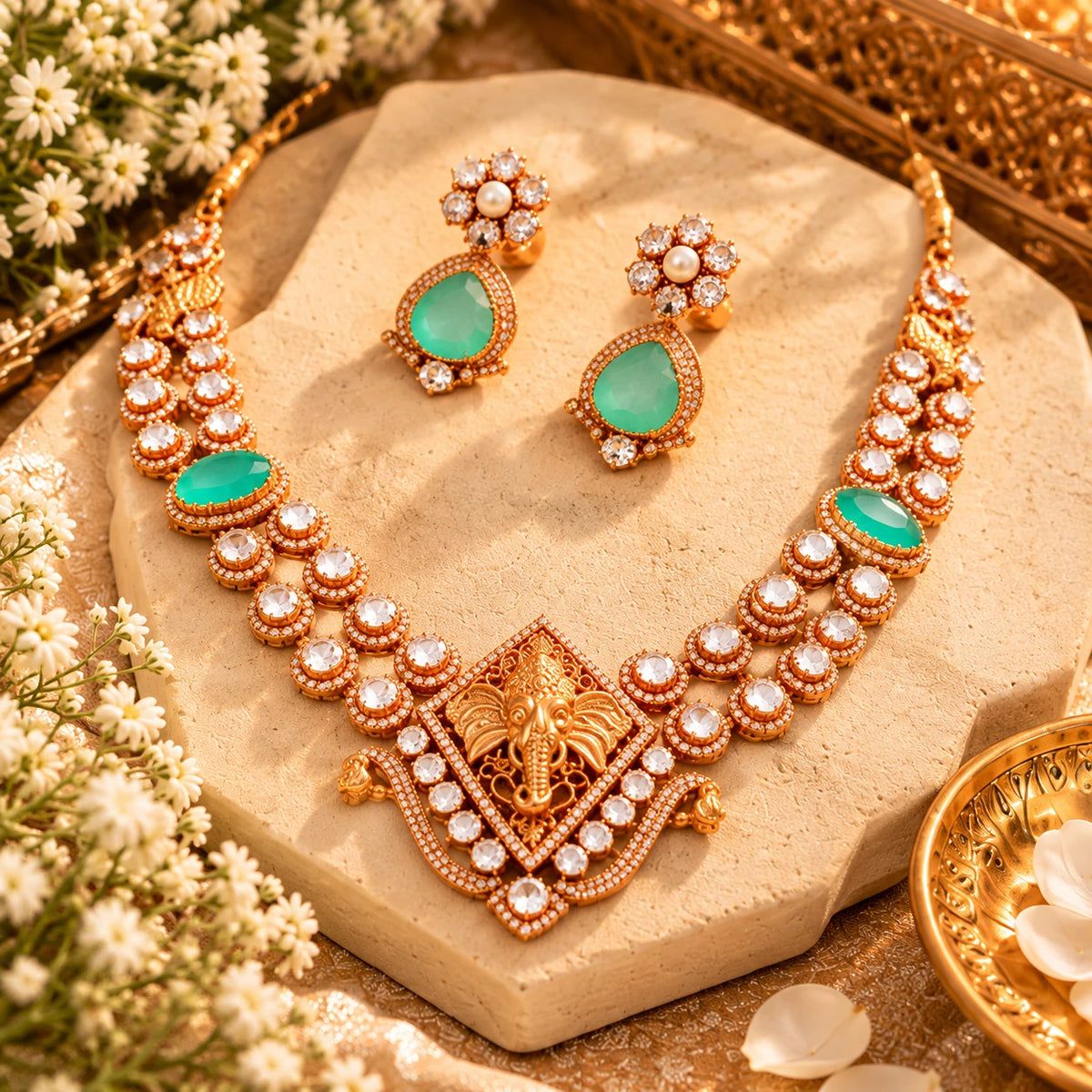 Gajaah 925 sterling silver emerald necklace and earrings set with Ganesha motifs, showcasing festive and bridal jewelry design.