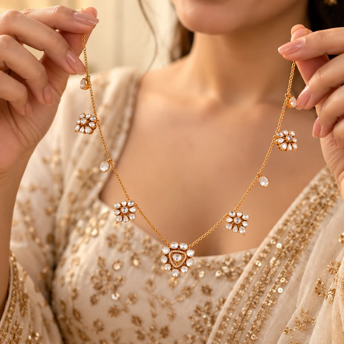 Gold floral pendant necklace featuring a silver Gajaah 925 sterling silver emerald and crystal halo pendant for women.