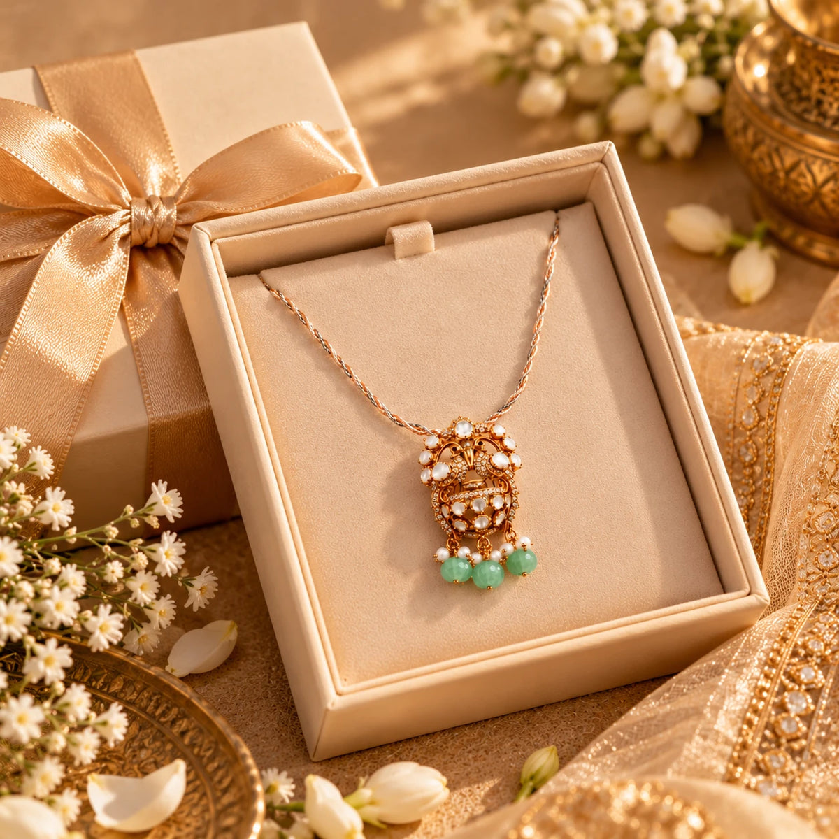 Elegant Gajaah 925 sterling silver emerald pendant necklace with green stone and crystal halo, perfect for women's jewelry collection.