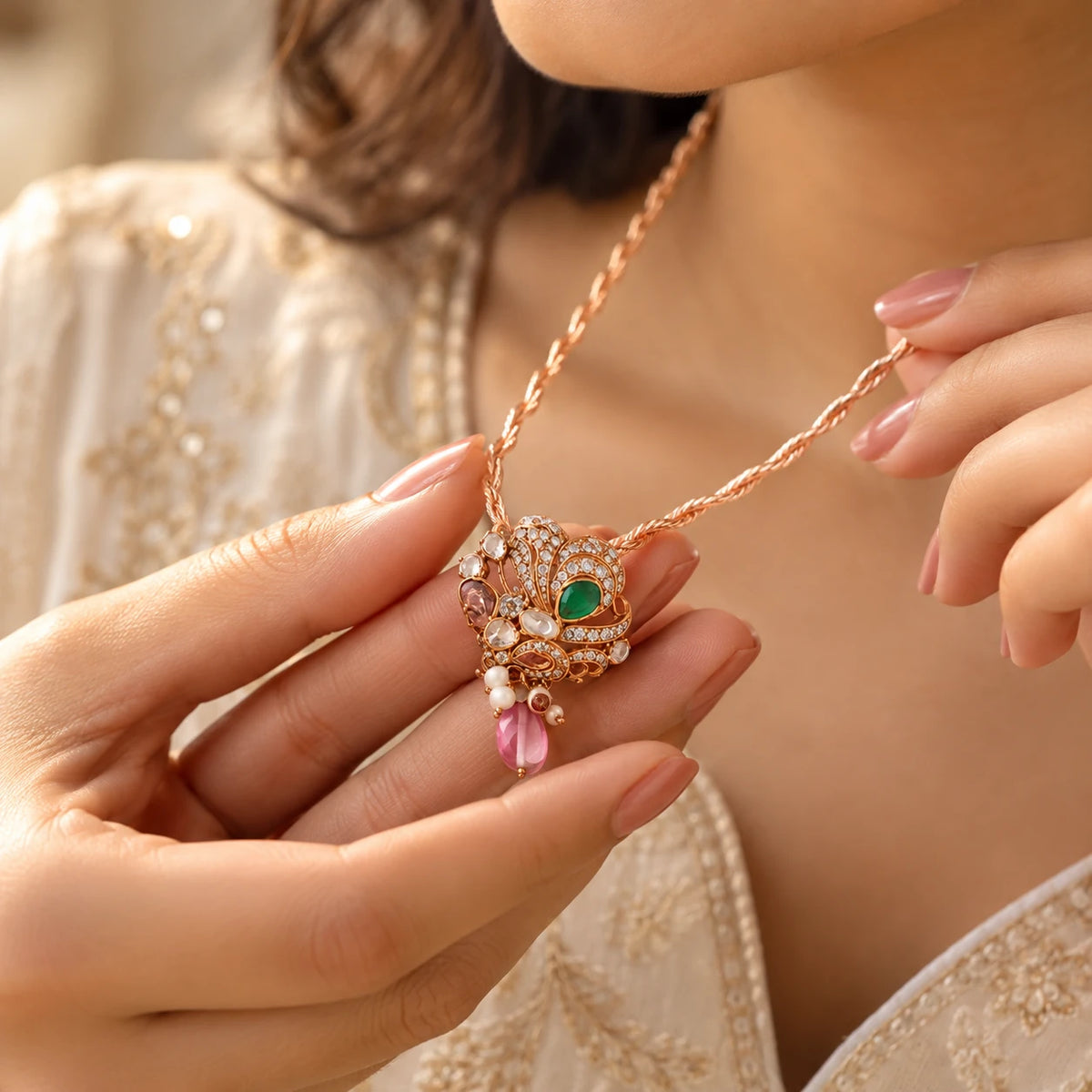 Gajaah 925 sterling silver emerald crystal pendant necklace featuring a green stone, elegant rose gold finish for women