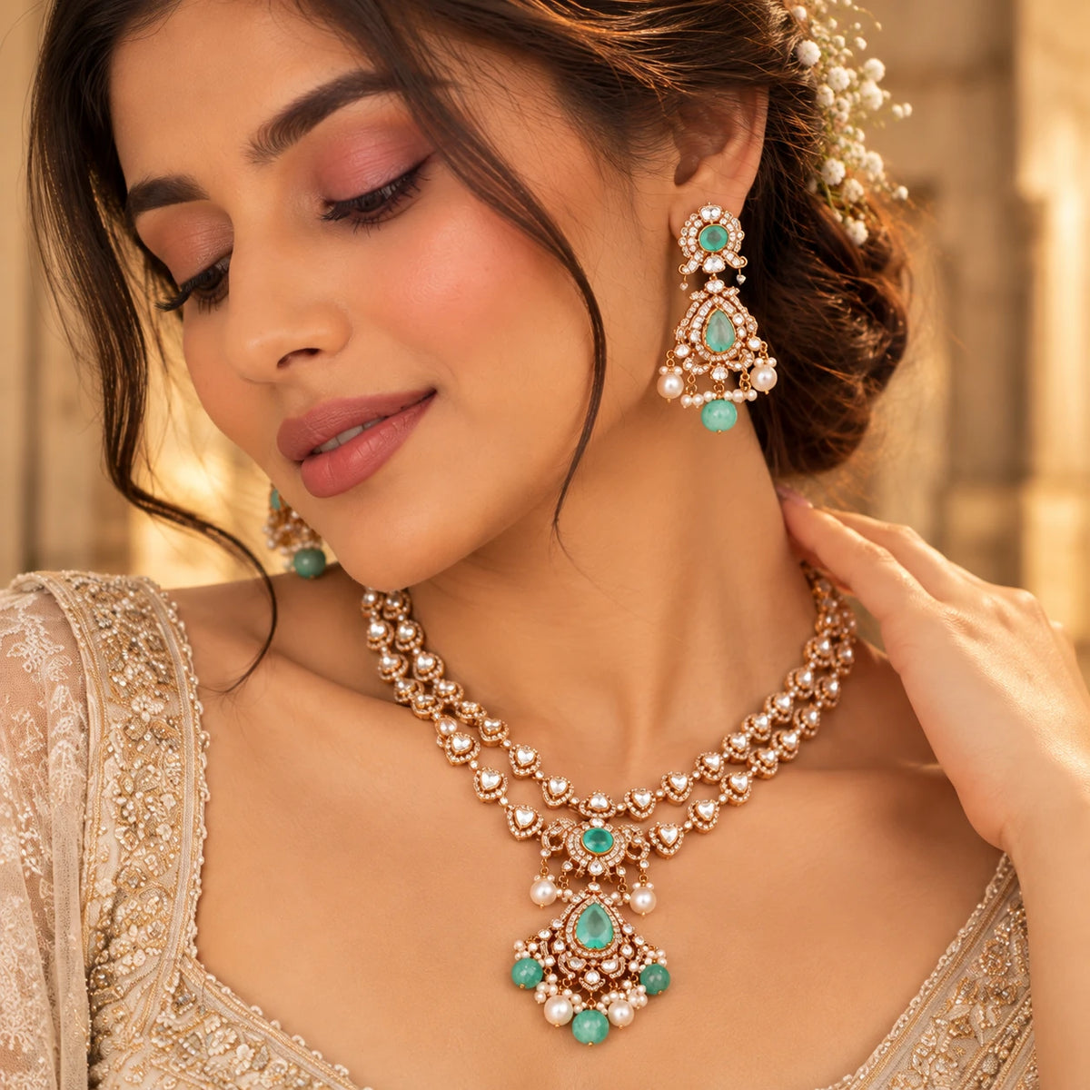 Elegant Gajaah 925 silver Kundan necklace with emerald and pearl pendant, showcasing traditional gold-plated bridal jewelry.