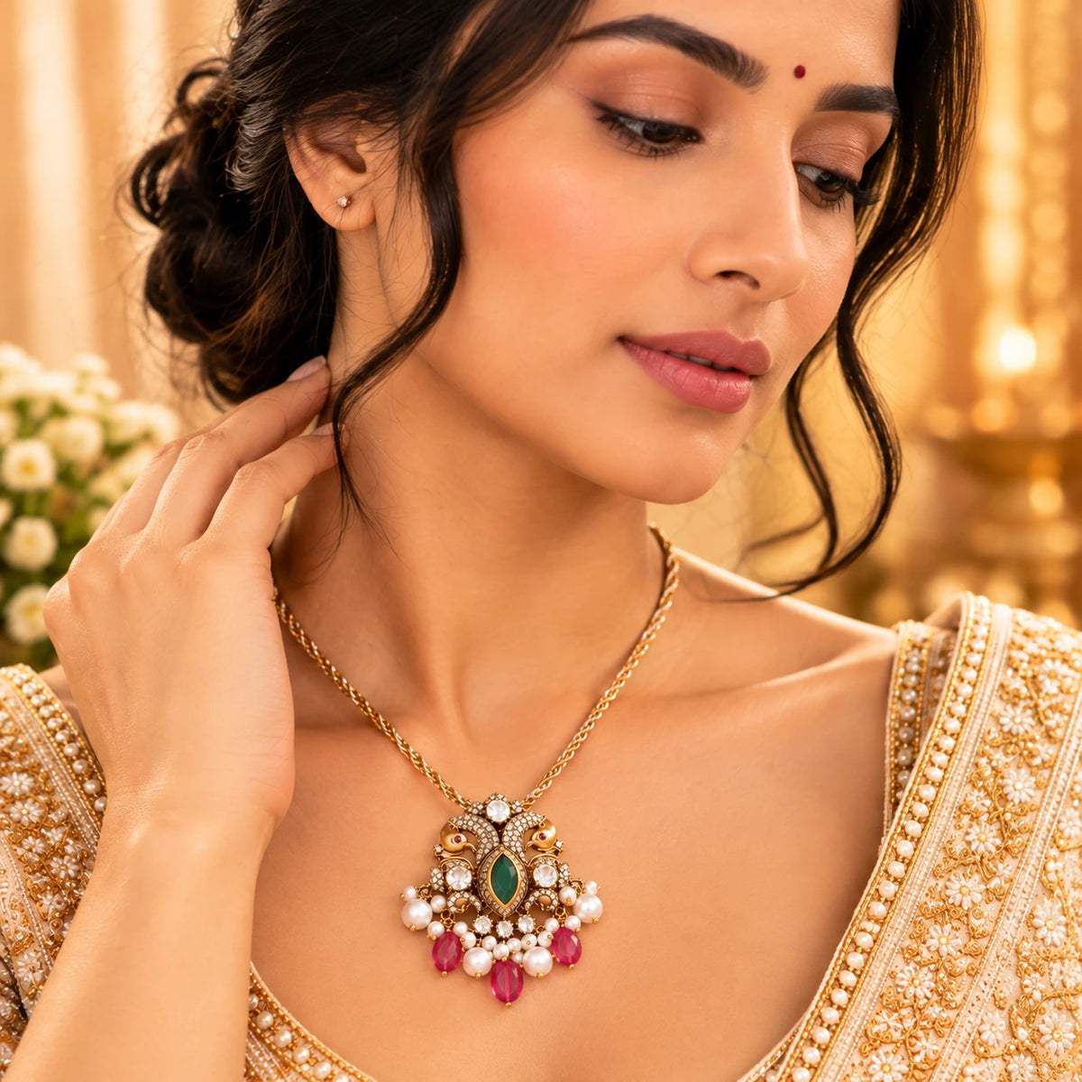 Gajaah 925 sterling silver pendant necklace with green emerald crystal, elegant bridal jewelry for women.