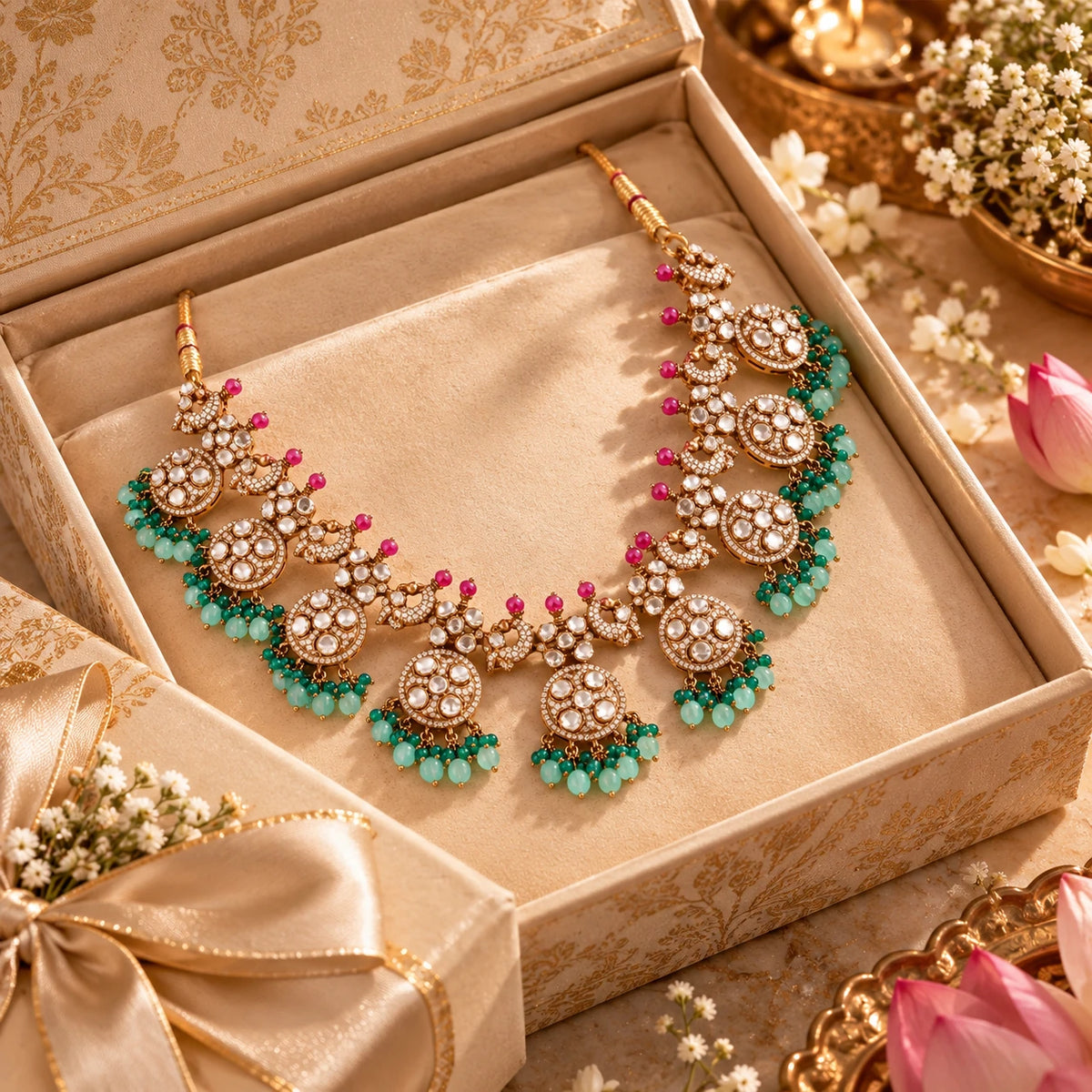 Elegant Gajaah 925 sterling silver bridal necklace with multicolor stones, featuring matching earrings in a gift box.