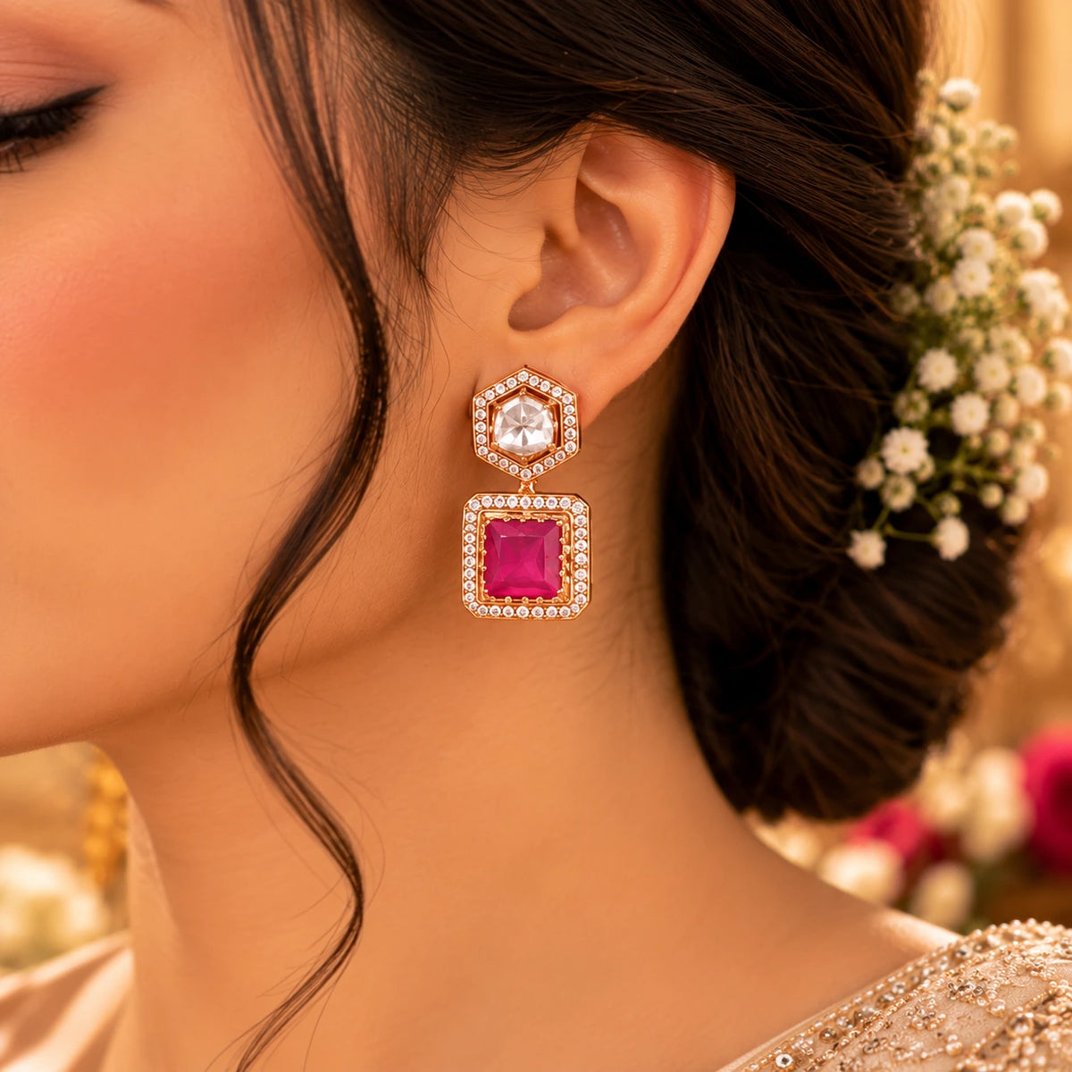 Elegant bridal ruby drop earring crafted in 925 sterling silver by Gajaah with a minimal, elegant design for women.