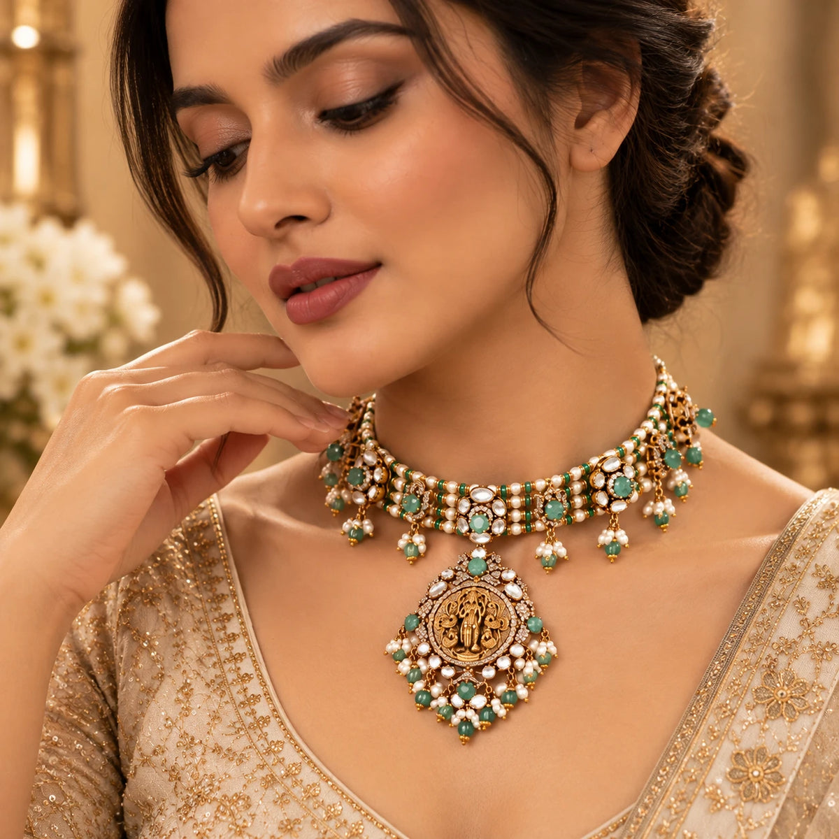 Elegant Gajaah 925 sterling silver Kundan necklace with gold-plated ruby enamel pendant, perfect for bridal traditional Indian jewelry.