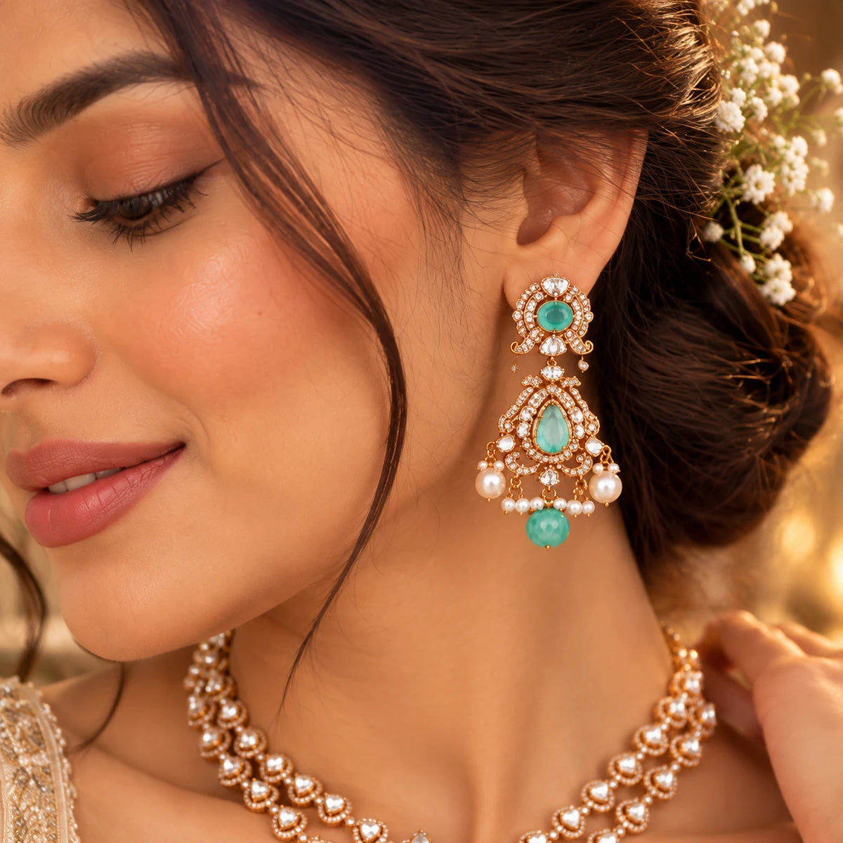 Gajaah 925 silver Kundan necklace with emerald and pearl pendant, gold-plated traditional bridal jewelry, elegant and ornate design