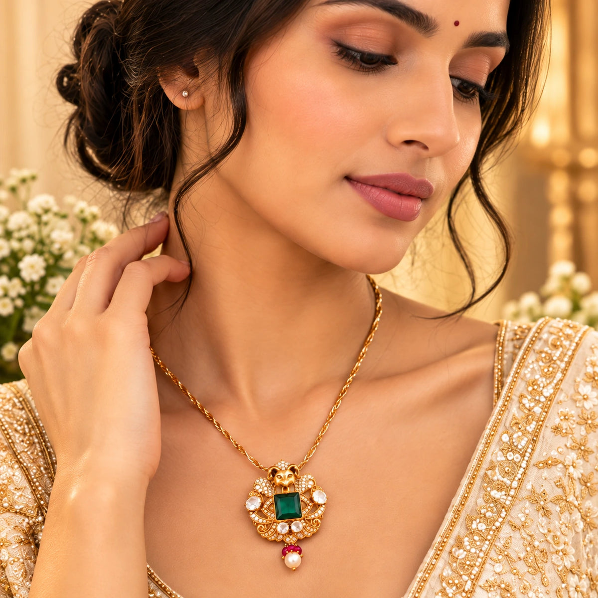 Gajaah 925 Sterling Silver emerald pendant necklace with green stone and crystal halo, elegant bridal jewelry for women