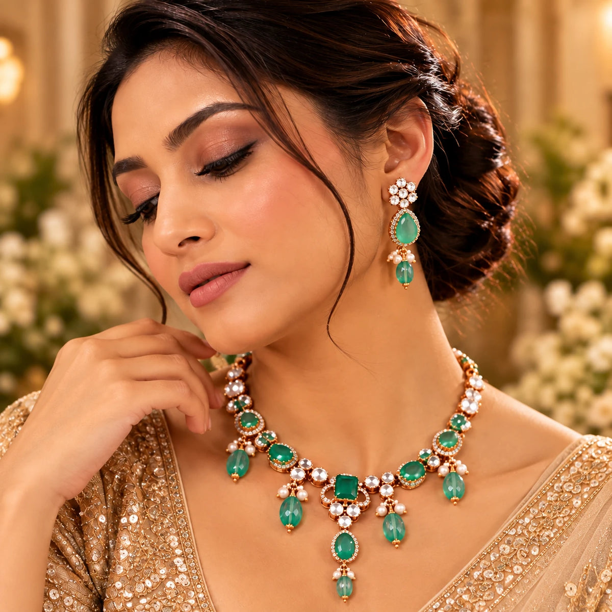 Elegant Gajaah 925 Sterling Silver emerald necklace and earrings set for bridal and festive occasions, featuring intricate silver craftsmanship.