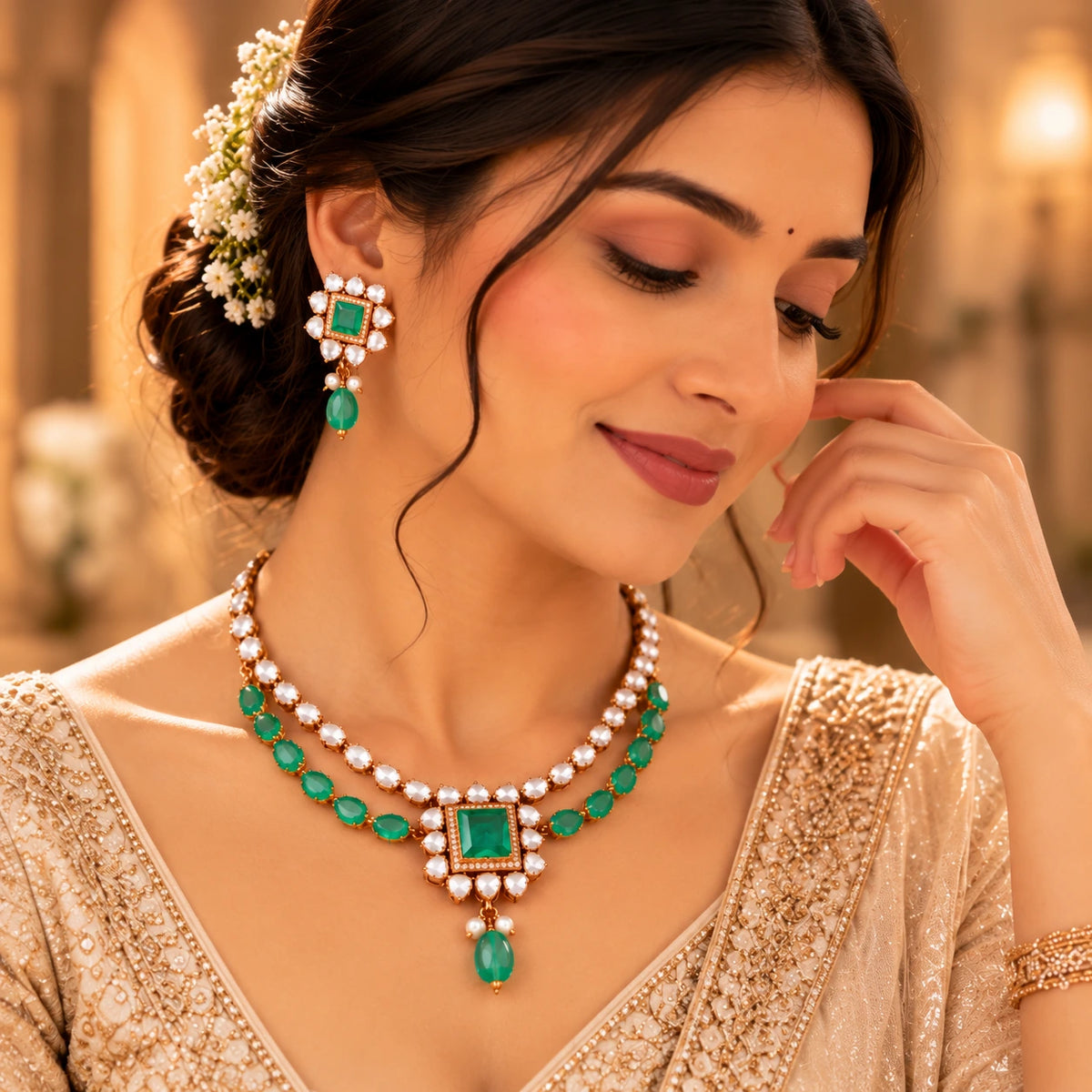 Gajaah 925 sterling silver necklace and earrings set with emerald accents, elegant jewelry for women suitable for daily wear and special occasions.