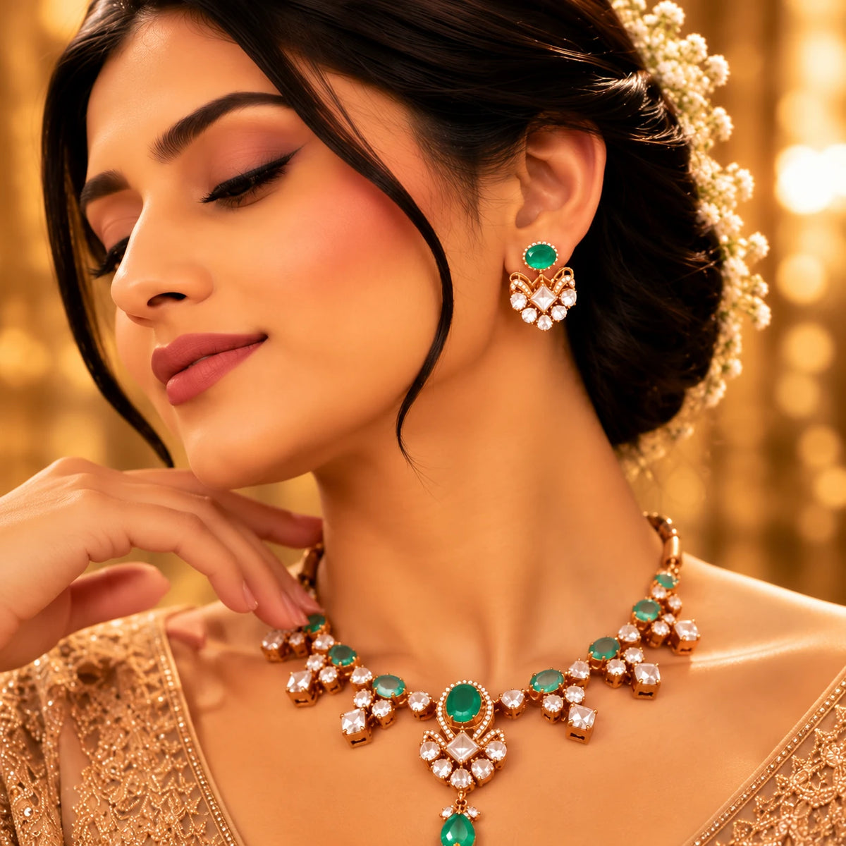 Elegant Gajaah 925 Sterling Silver emerald stone necklace and earrings set, perfect for bridal and festive occasions.
