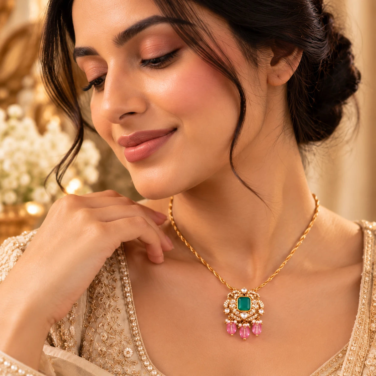 Elegant Gajaah 925 sterling silver emerald pendant necklace with green stone and crystal halo, perfect for women.