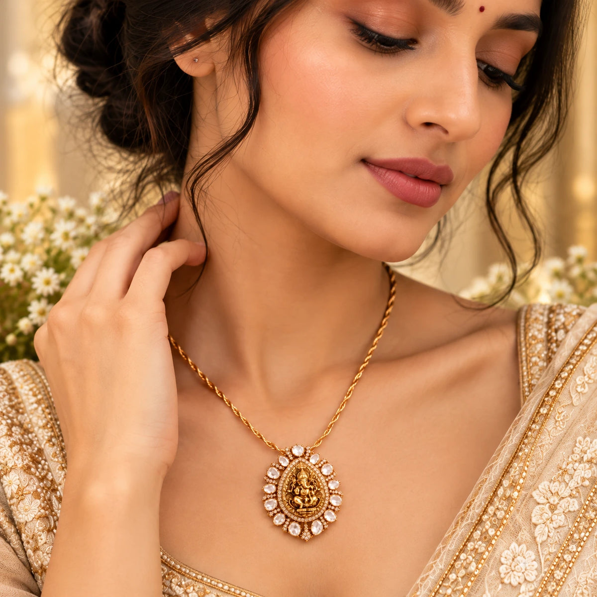 Elegant Gajaah 925 sterling silver necklace featuring an emerald pendant with crystal halo and intricate Ganesha design.