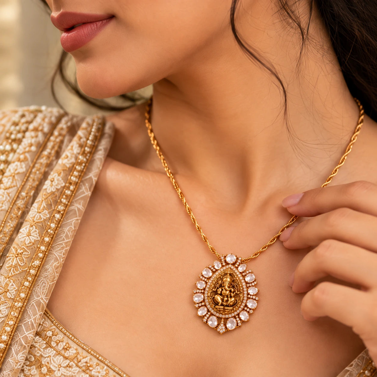 Gajaah 925 sterling silver emerald pendant necklace featuring a green stone and crystal halo, with an elegant Ganesha design.