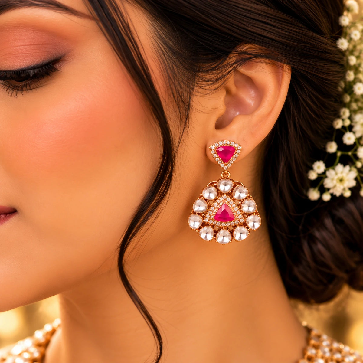 Elegant gold and pink bridal earrings from Gajaah 925 sterling silver jewelry set for women, featuring minimal, premium silver design.