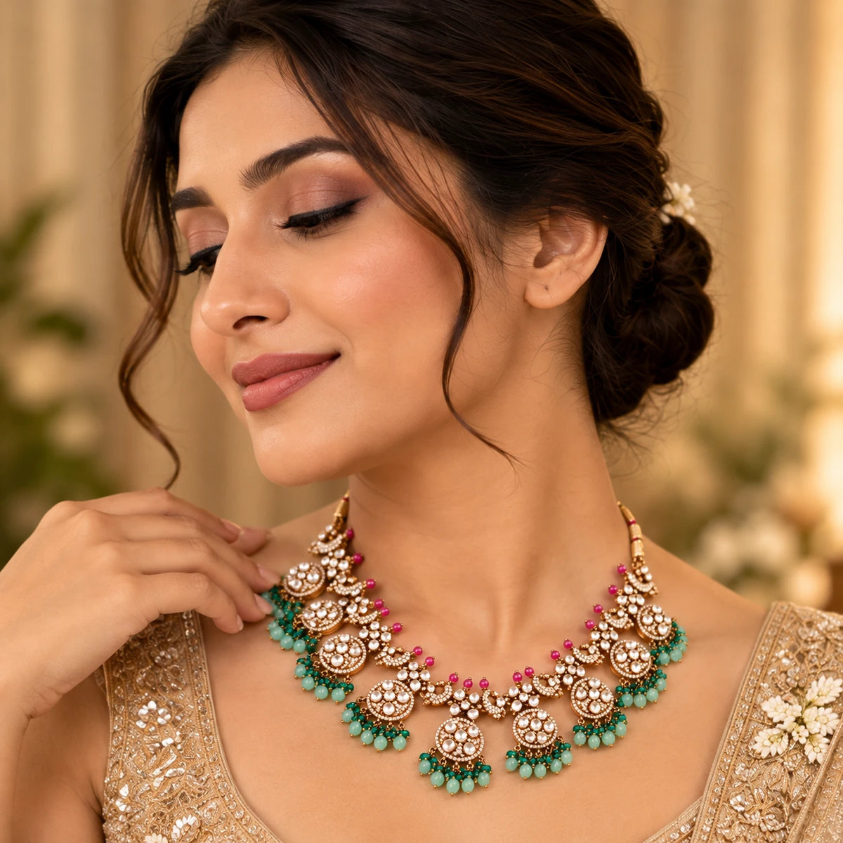 Elegant Indian bridal jewelry set featuring Gajaah 925 sterling silver necklace and earrings with multicolor stones for women.