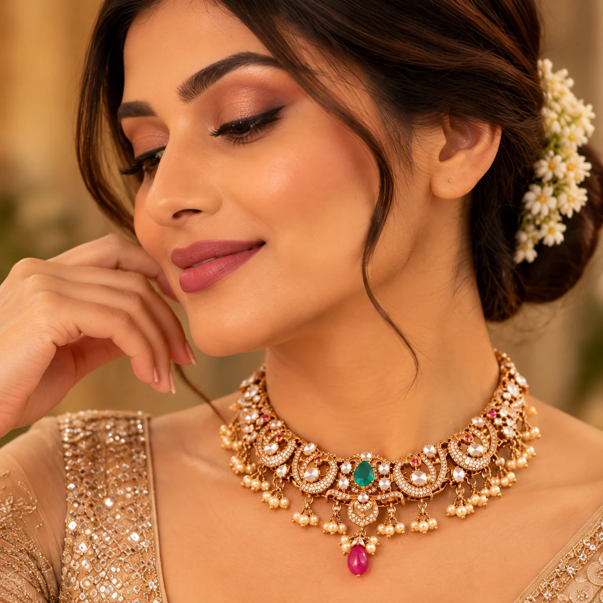 Elegant Indian bridal Gajaah 925 sterling silver emerald necklace and earrings set, featuring intricate silver craftsmanship for women.