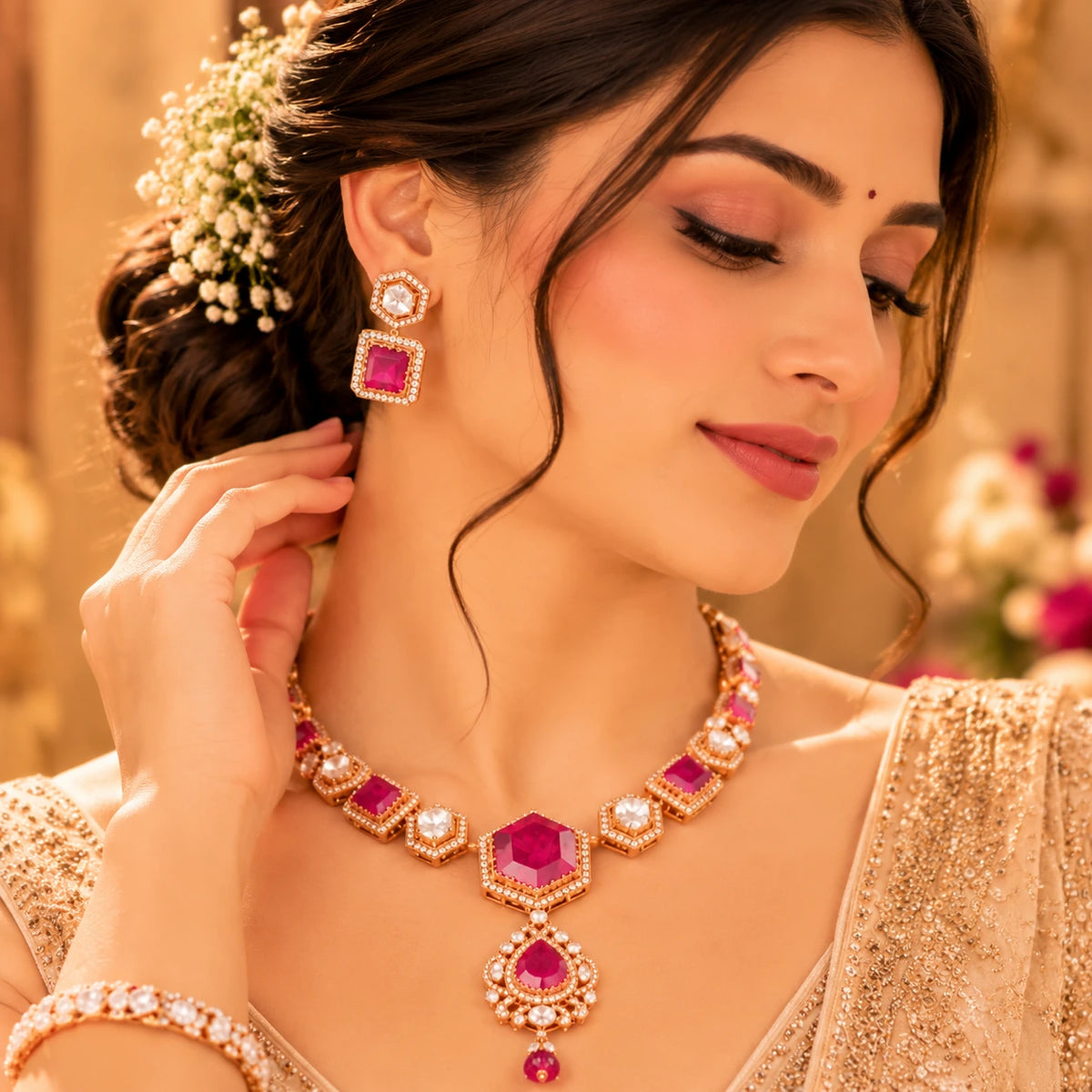 Gajaah 925 sterling silver necklace and earrings set with elegant Indian bridal jewelry design, featuring minimal and premium silver details.